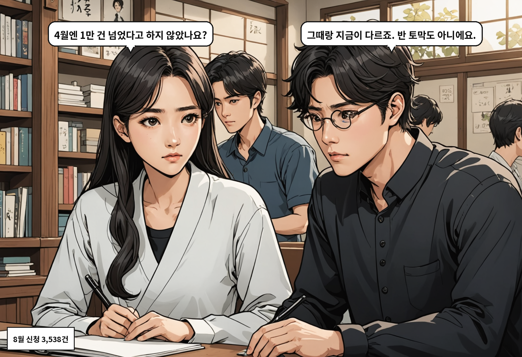 B: 4월엔 1만 건 넘었다고 하지 않았나요? A: 그때랑 지금이 다르죠. 반 토막도 아니에요.