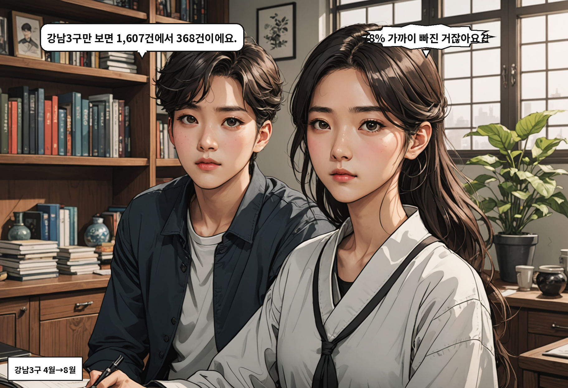A: 강남3구만 보면 1,607건에서 368건이에요. B: 78% 가까이 빠진 거잖아요?!
