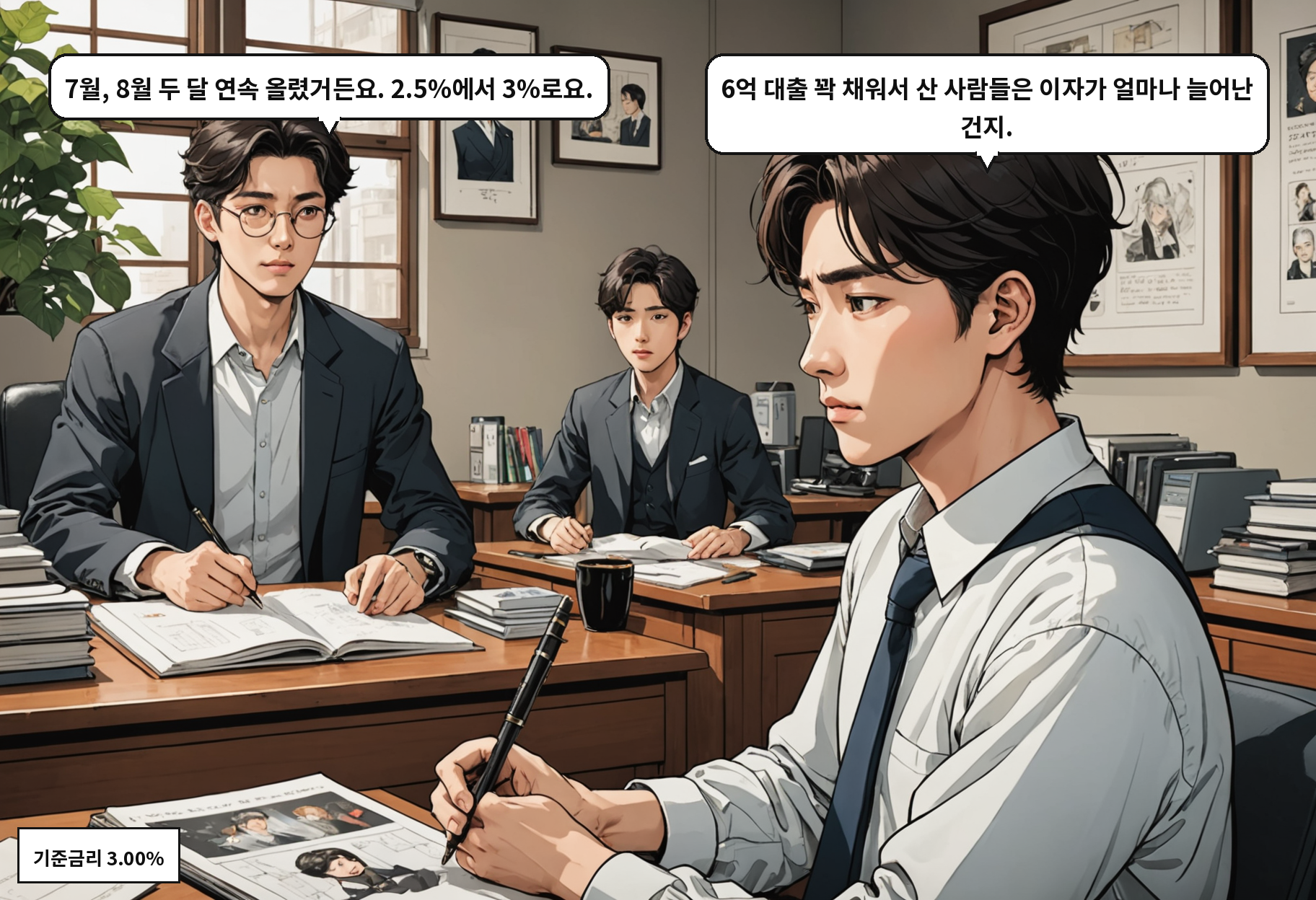 A: 7월, 8월 두 달 연속 올렸거든요. 2.5%에서 3%로요. B: 6억 대출 꽉 채워서 산 사람들은 이자가 얼마나 늘어난 건지.