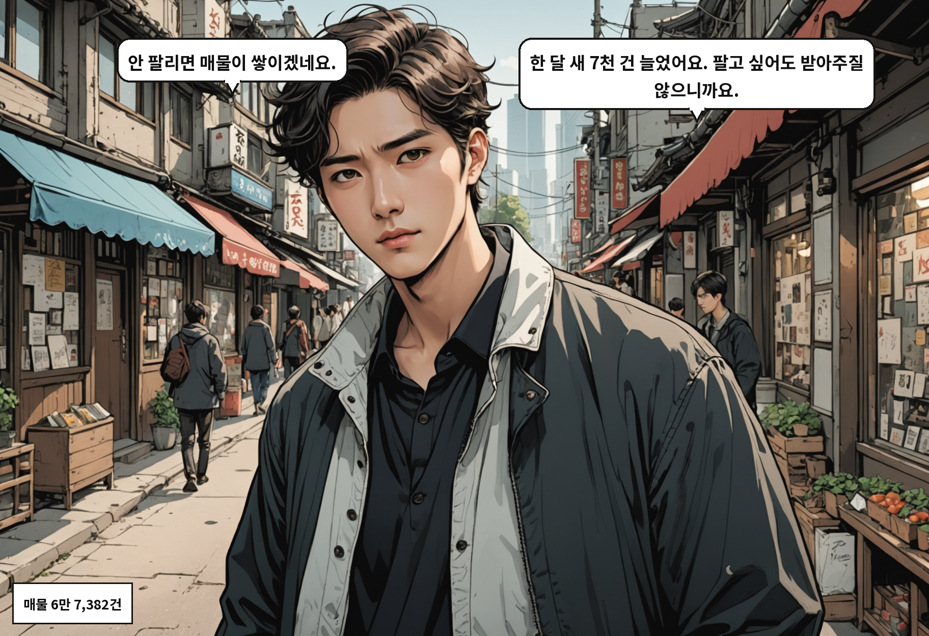 B: 안 팔리면 매물이 쌓이겠네요. A: 한 달 새 7천 건 늘었어요. 팔고 싶어도 받아주질 않으니까요.