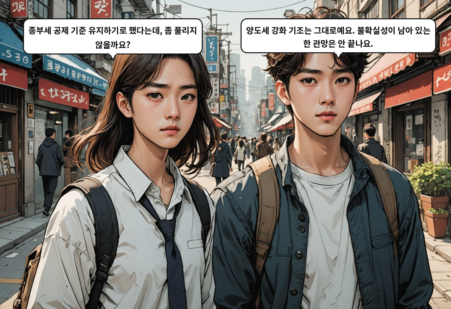 B: 종부세 공제 기준 유지하기로 했다는데, 좀 풀리지 않을까요? A: 양도세 강화 기조는 그대로예요. 불확실성이 남아 있는 한 관망은 안 끝나요.