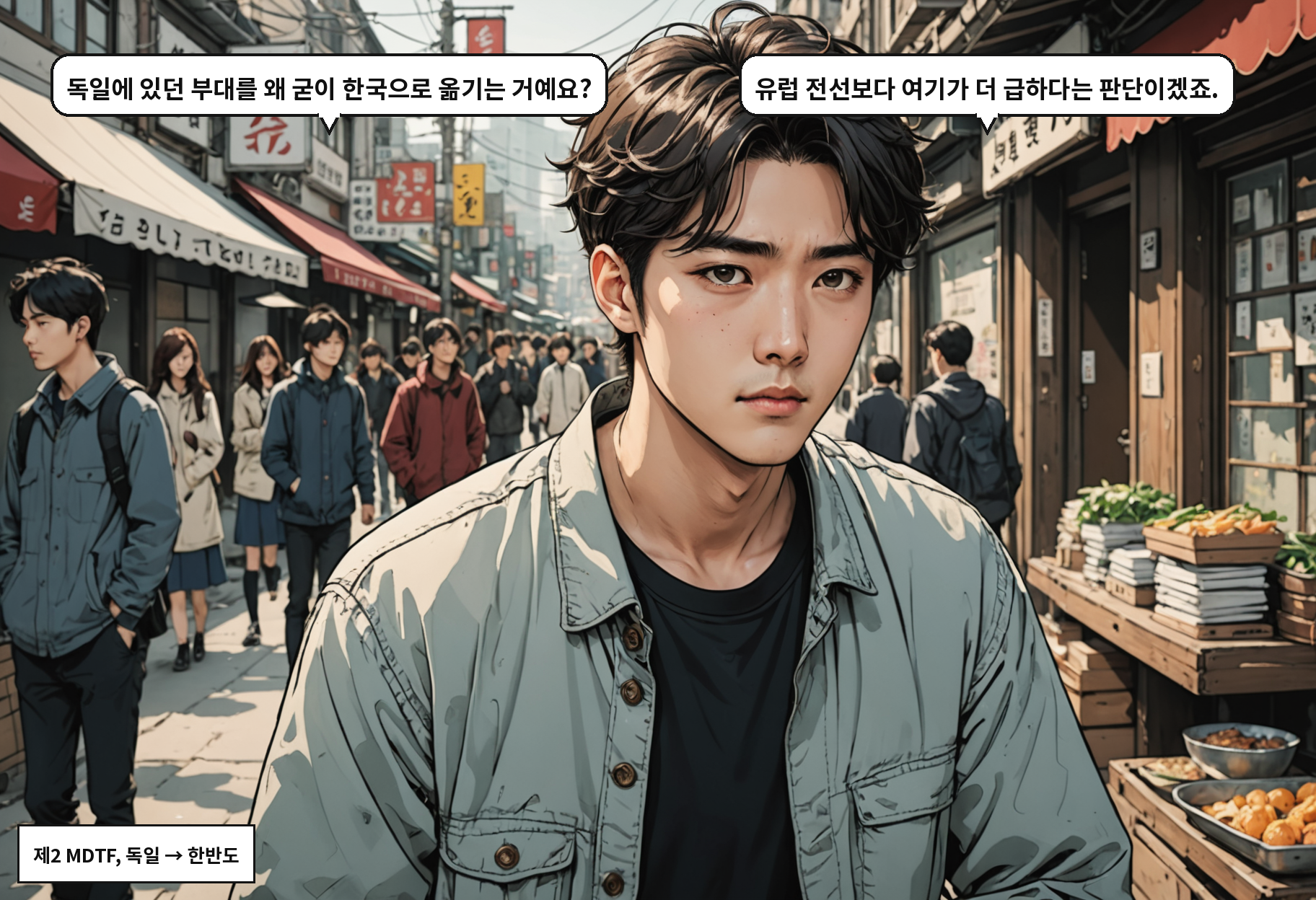 A: 독일에 있던 부대를 왜 굳이 한국으로 옮기는 거예요? B: 유럽 전선보다 여기가 더 급하다는 판단이겠죠.