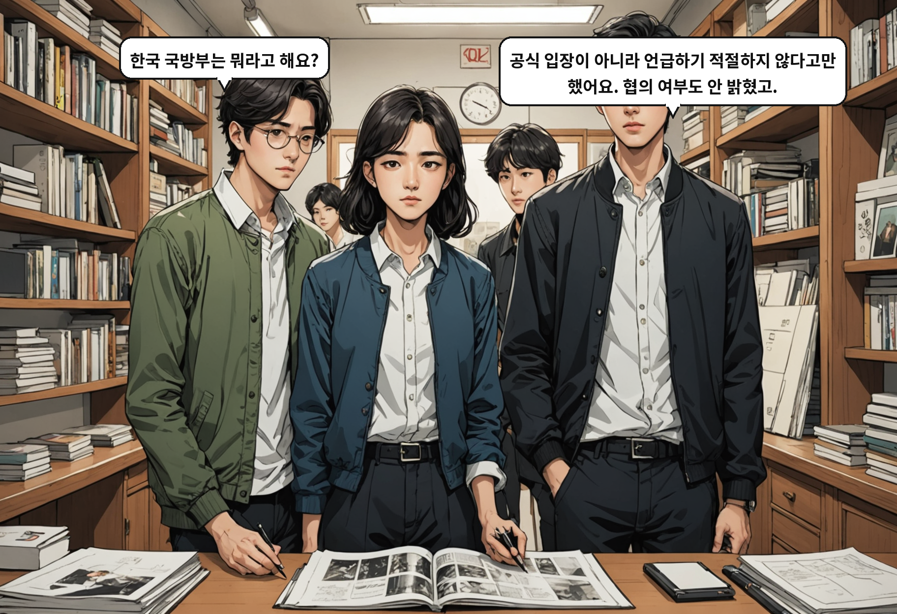 A: 한국 국방부는 뭐라고 해요? B: 공식 입장이 아니라 언급하기 적절하지 않다고만 했어요. 협의 여부도 안 밝혔고.