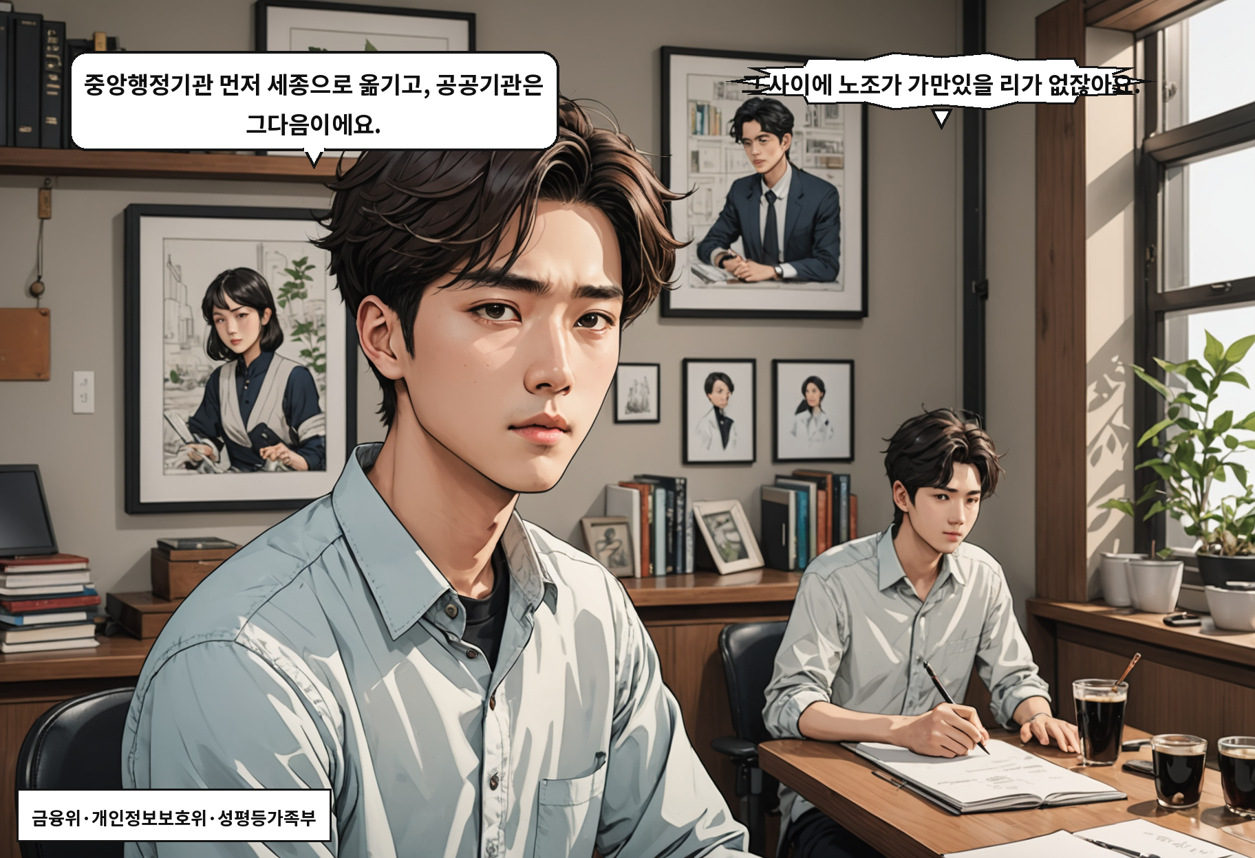 A: 중앙행정기관 먼저 세종으로 옮기고, 공공기관은 그다음이에요. B: 그 사이에 노조가 가만있을 리가 없잖아요.