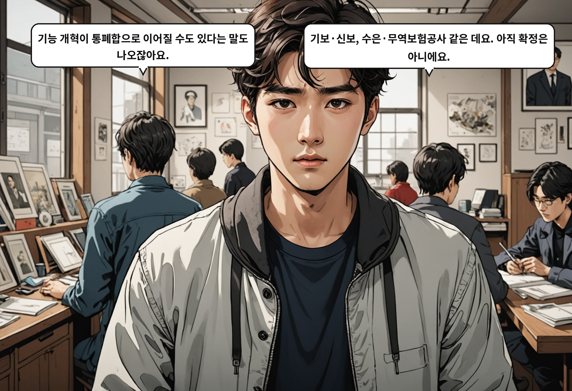B: 기능 개혁이 통폐합으로 이어질 수도 있다는 말도 나오잖아요. A: 기보·신보, 수은·무역보험공사 같은 데요. 아직 확정은 아니에요.