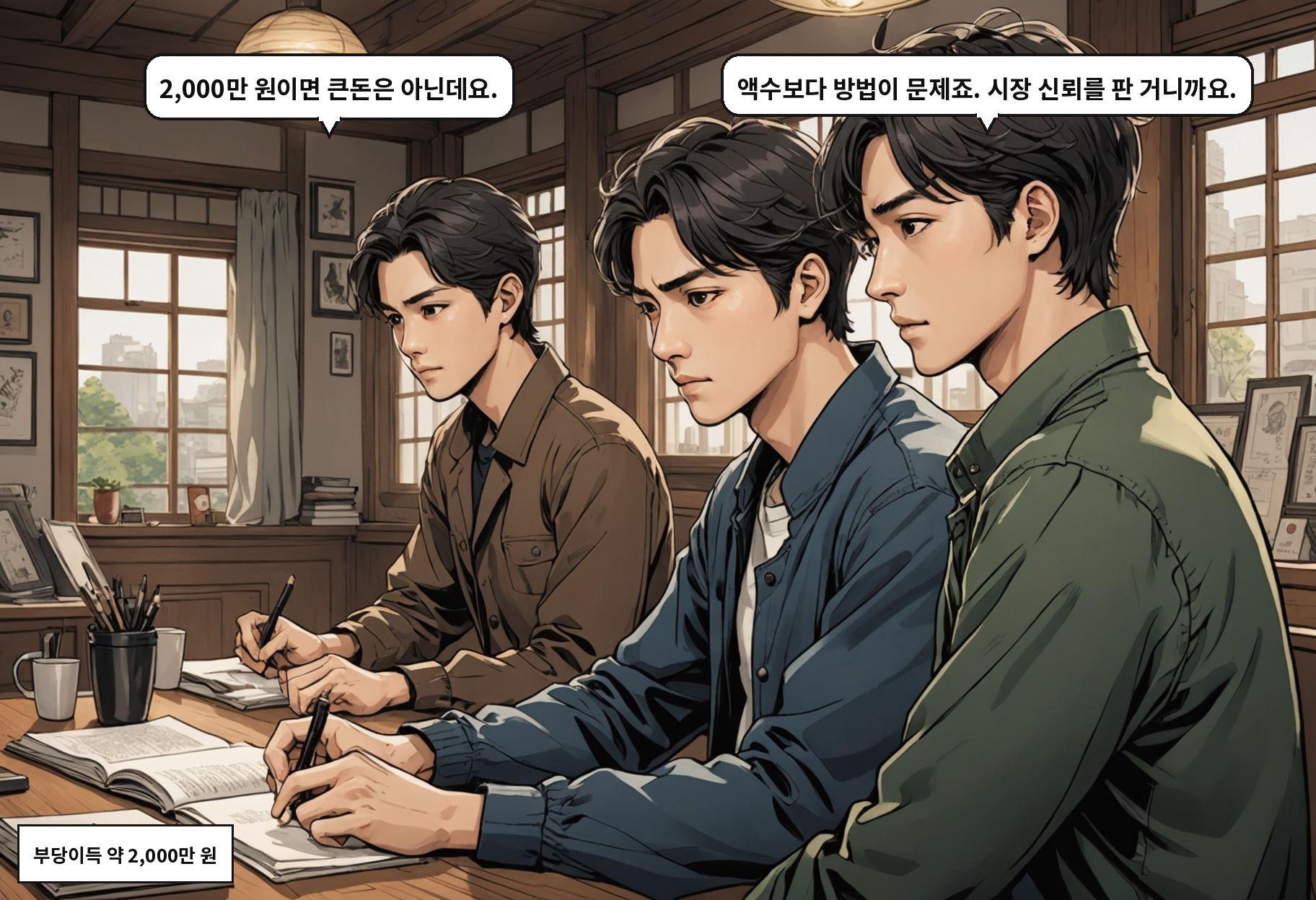 B: 2,000만 원이면 큰돈은 아닌데요. A: 액수보다 방법이 문제죠. 시장 신뢰를 판 거니까요.