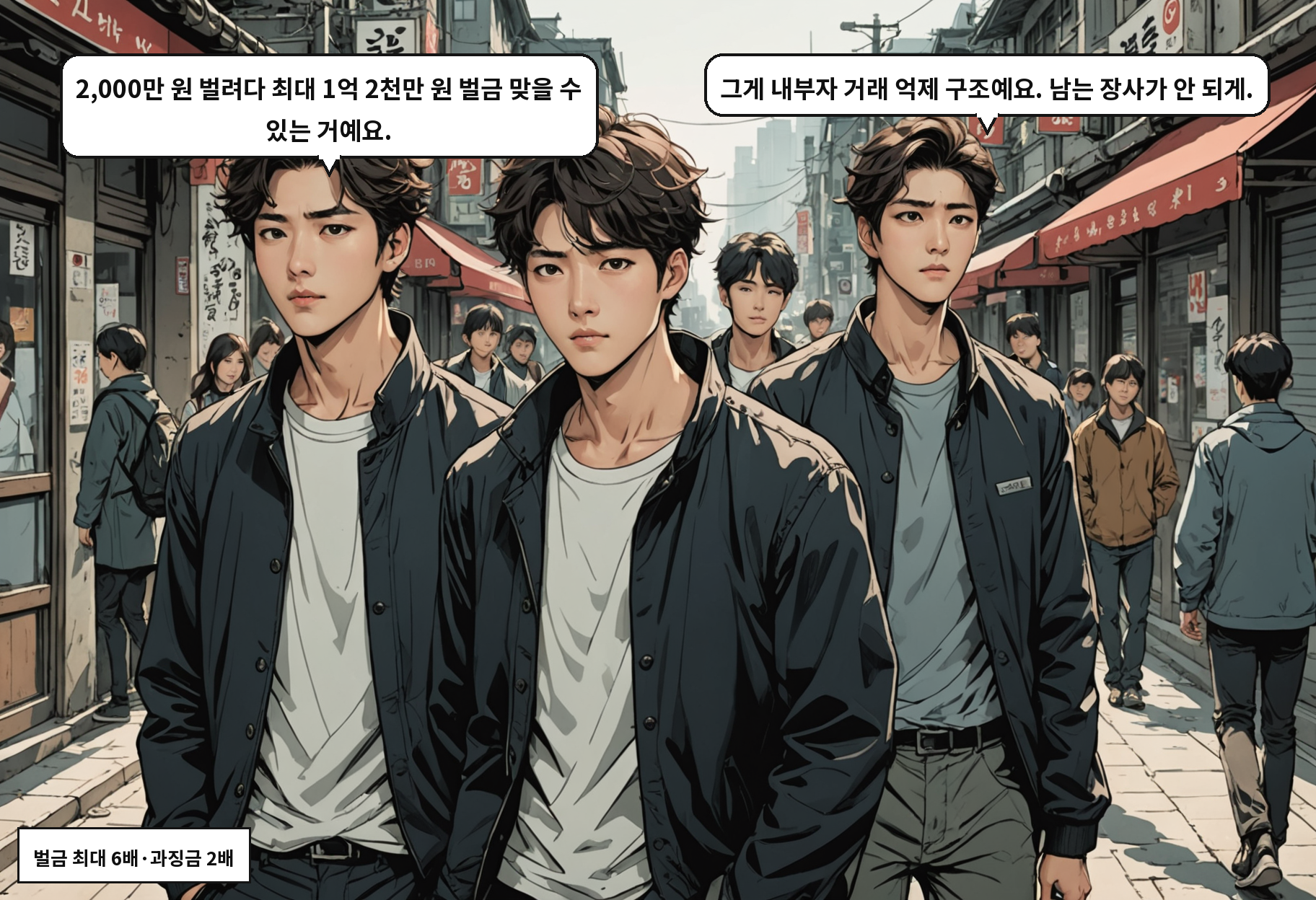A: 2,000만 원 벌려다 최대 1억 2천만 원 벌금 맞을 수 있는 거예요. B: 그게 내부자 거래 억제 구조예요. 남는 장사가 안 되게.