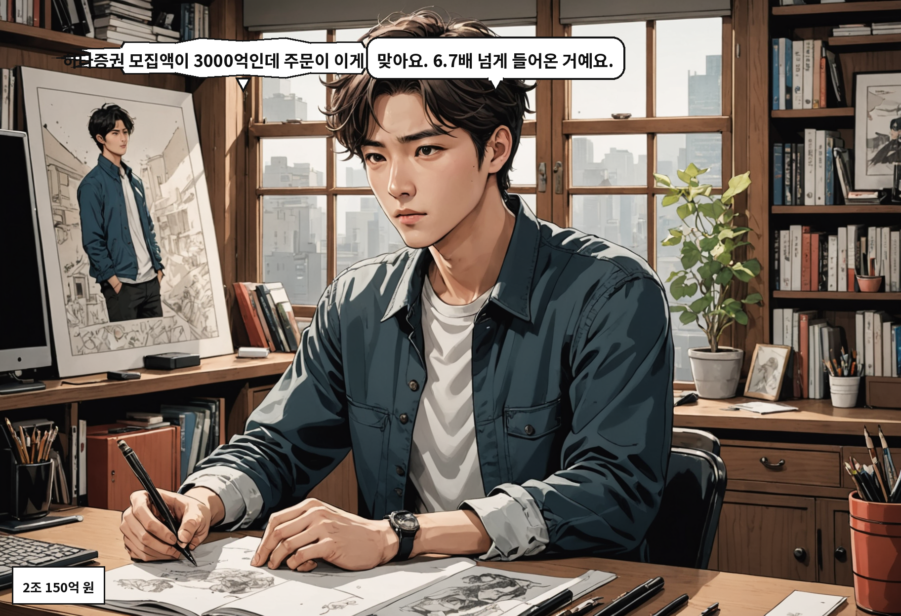 A: 하나증권 모집액이 3000억인데 주문이 이게 맞아요? B: 맞아요. 6.7배 넘게 들어온 거예요.