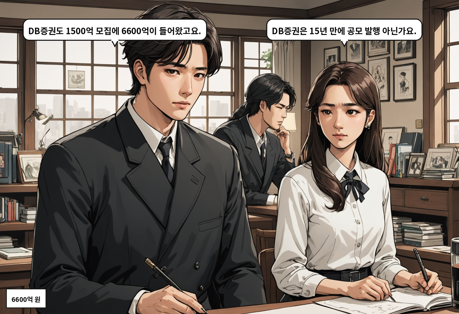 B: DB증권도 1500억 모집에 6600억이 들어왔고요. A: DB증권은 15년 만에 공모 발행 아닌가요.