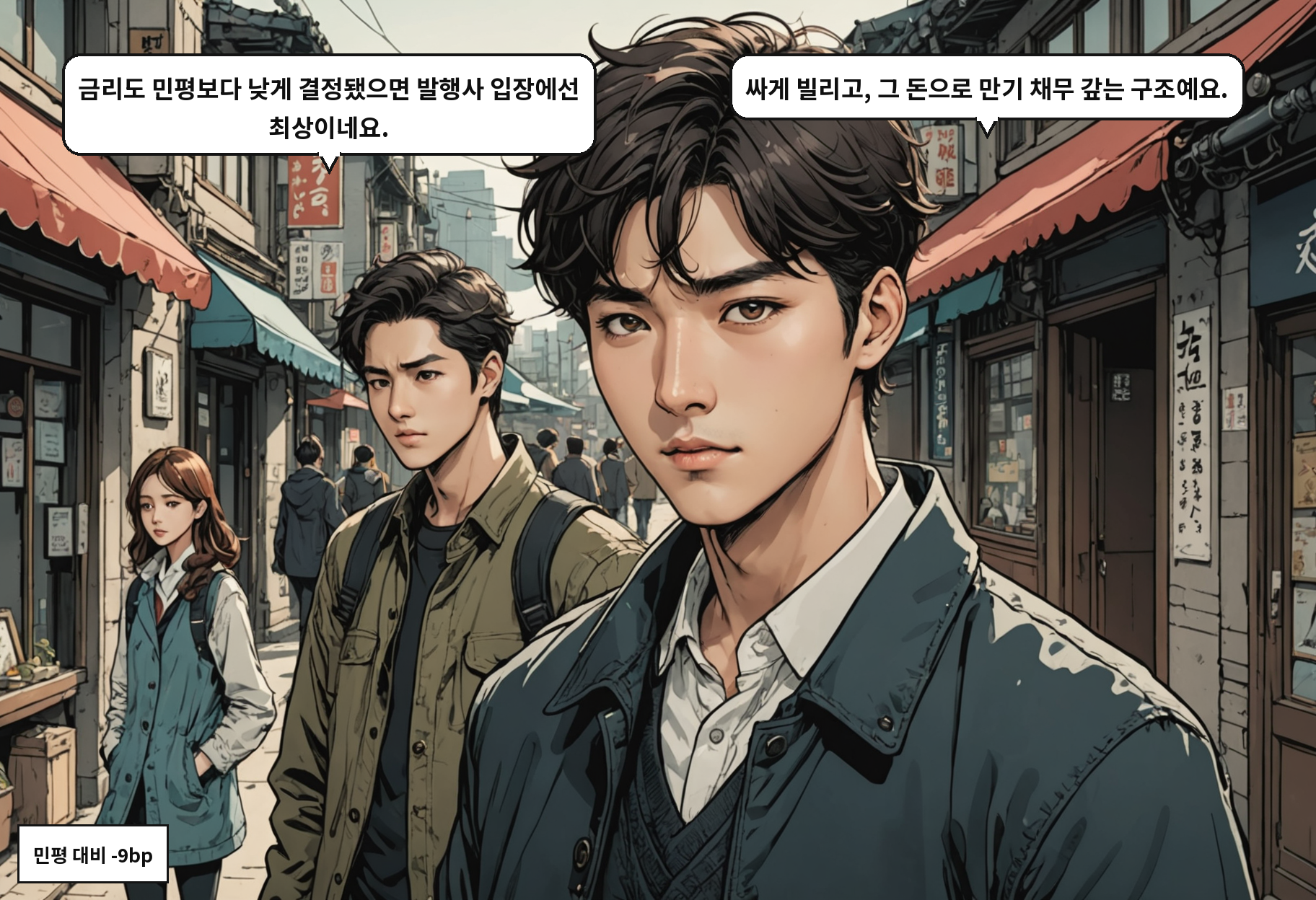 A: 금리도 민평보다 낮게 결정됐으면 발행사 입장에선 최상이네요. B: 싸게 빌리고, 그 돈으로 만기 채무 갚는 구조예요.