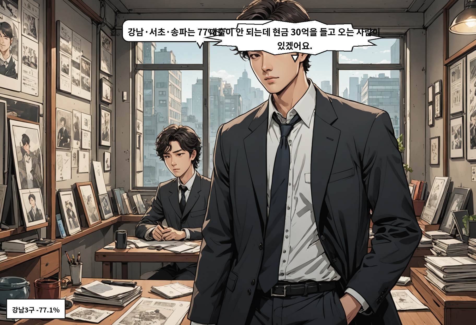 A: 강남·서초·송파는 77% 넘게 빠졌어요. B: 대출이 안 되는데 현금 30억을 들고 오는 사람이 있겠어요.