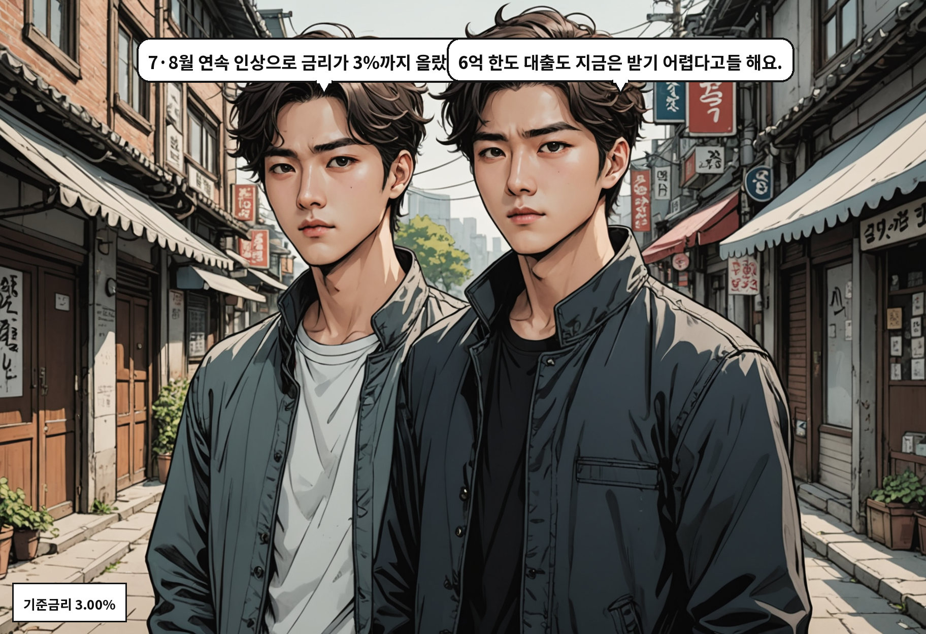 A: 7·8월 연속 인상으로 금리가 3%까지 올랐잖아요. B: 6억 한도 대출도 지금은 받기 어렵다고들 해요.