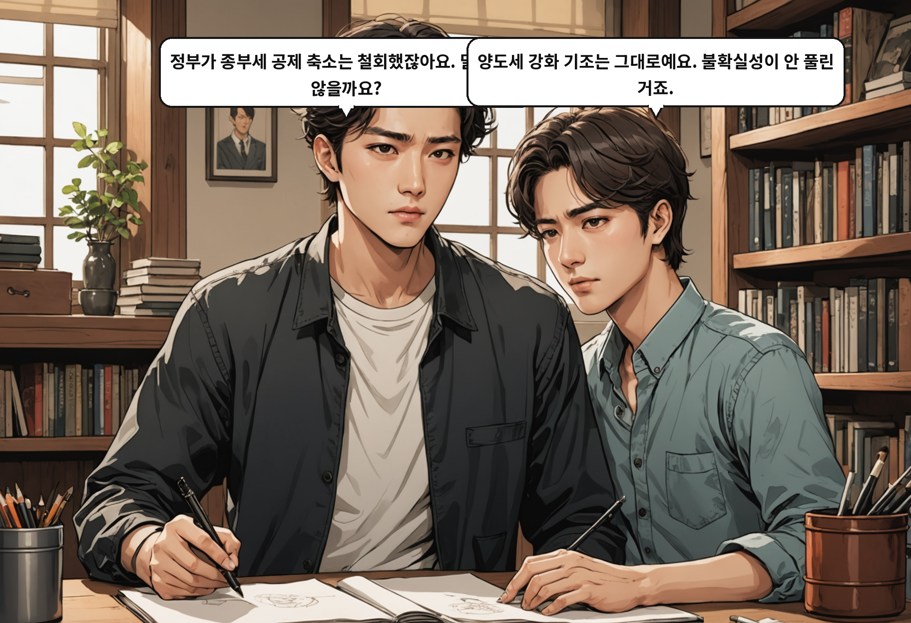 A: 정부가 종부세 공제 축소는 철회했잖아요. 달라지지 않을까요? B: 양도세 강화 기조는 그대로예요. 불확실성이 안 풀린 거죠.