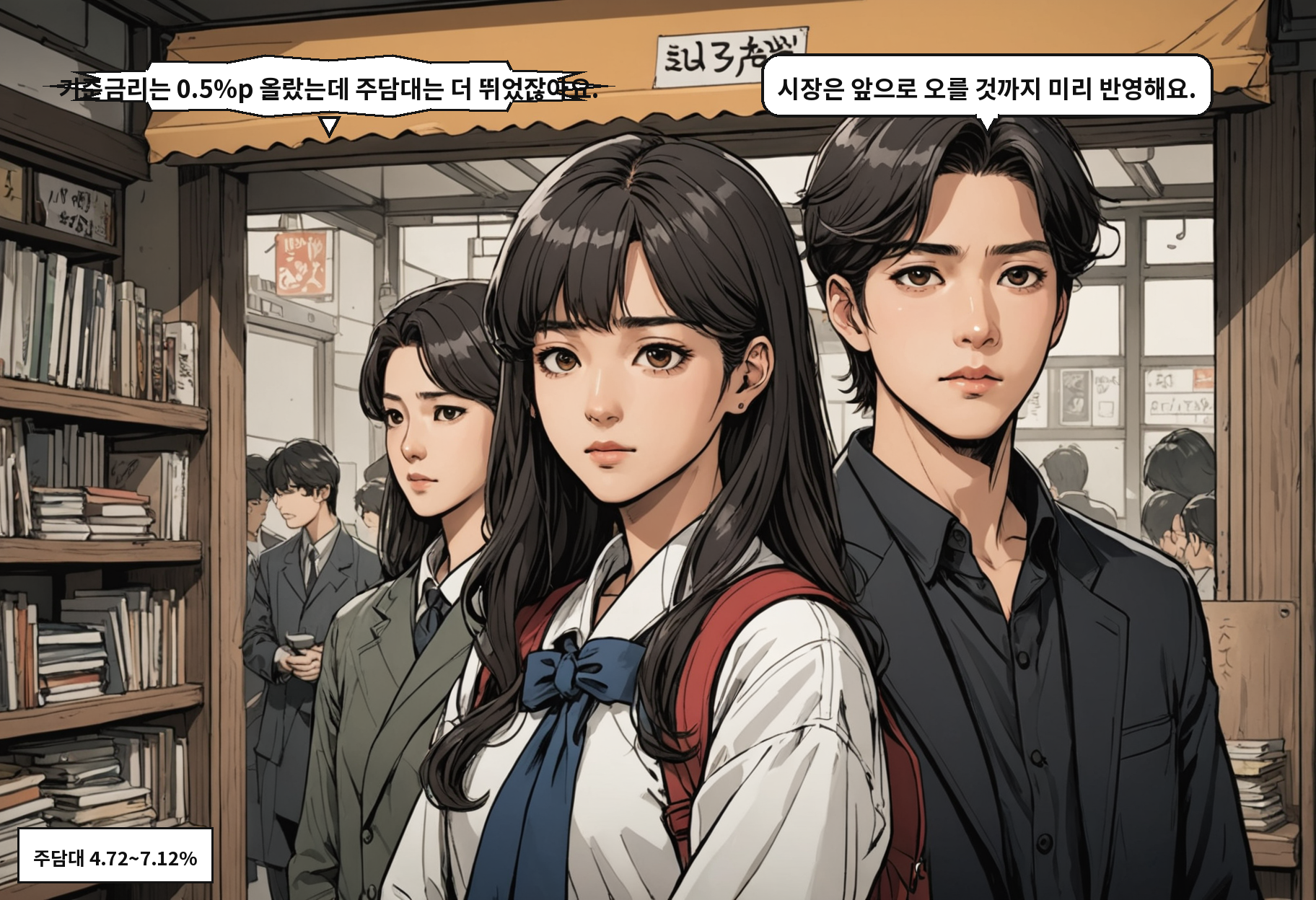 A: 기준금리는 0.5%p 올랐는데 주담대는 더 뛰었잖아요. B: 시장은 앞으로 오를 것까지 미리 반영해요.