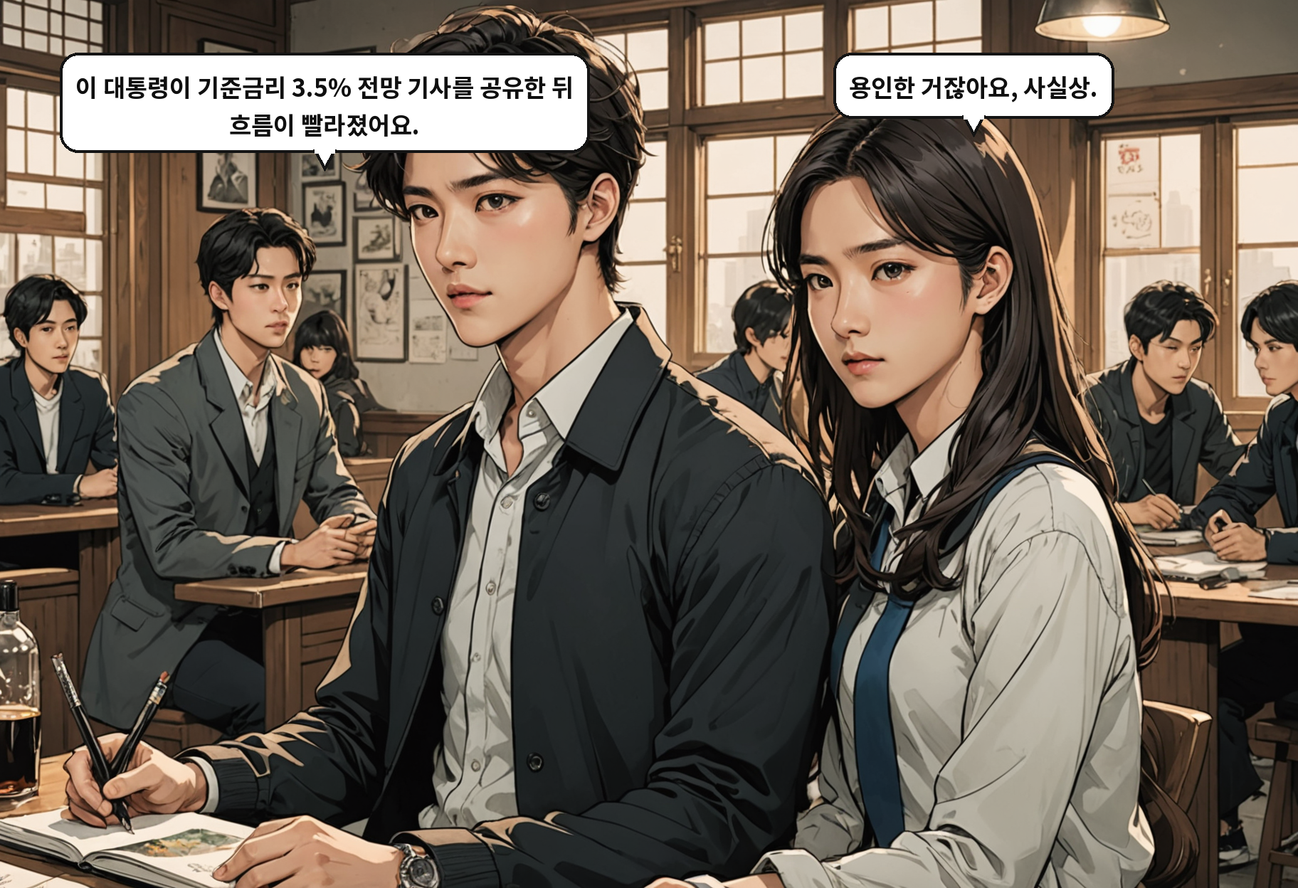 B: 이 대통령이 기준금리 3.5% 전망 기사를 공유한 뒤 흐름이 빨라졌어요. A: 용인한 거잖아요, 사실상.