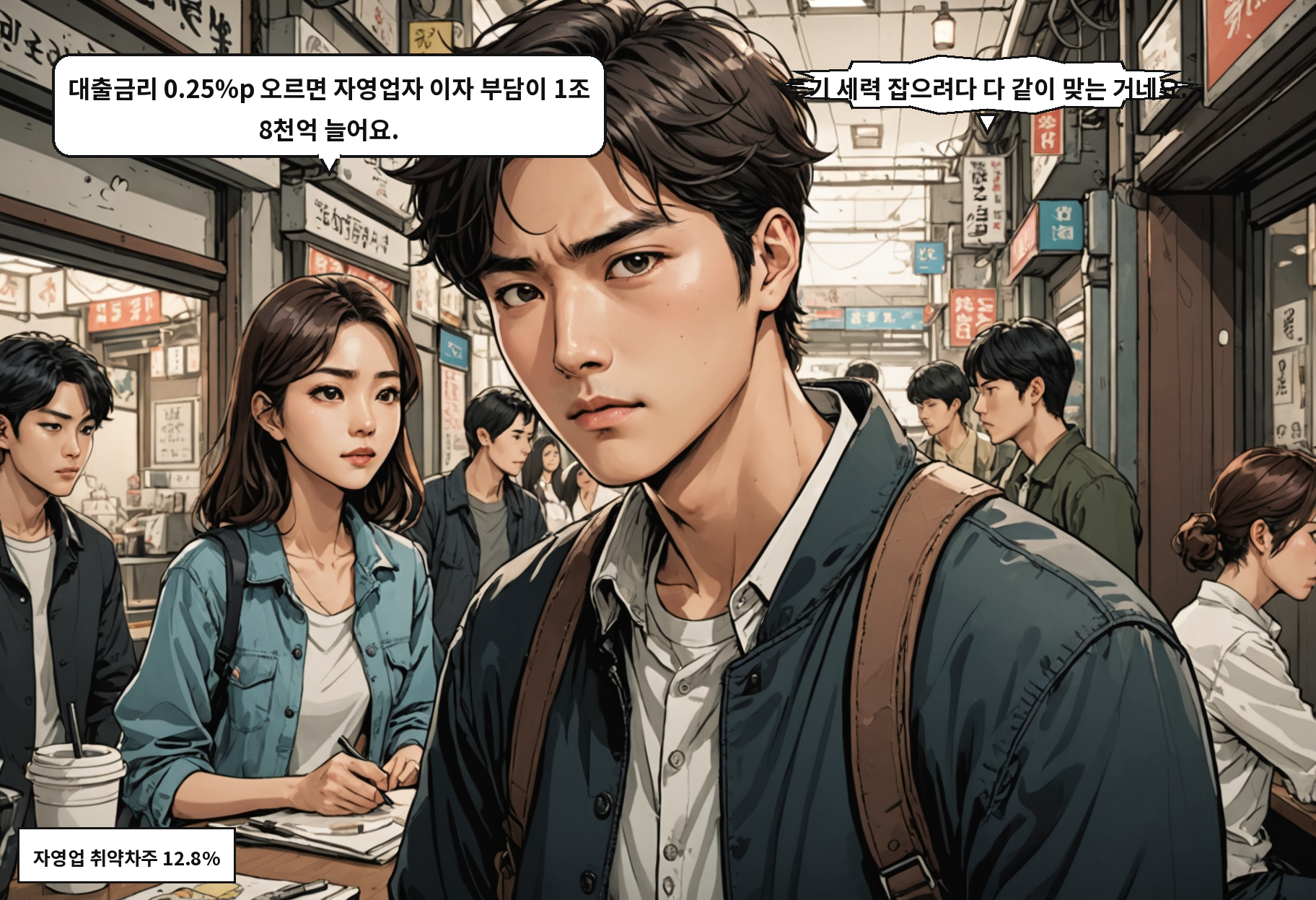 B: 대출금리 0.25%p 오르면 자영업자 이자 부담이 1조 8천억 늘어요. A: 투기 세력 잡으려다 다 같이 맞는 거네요.