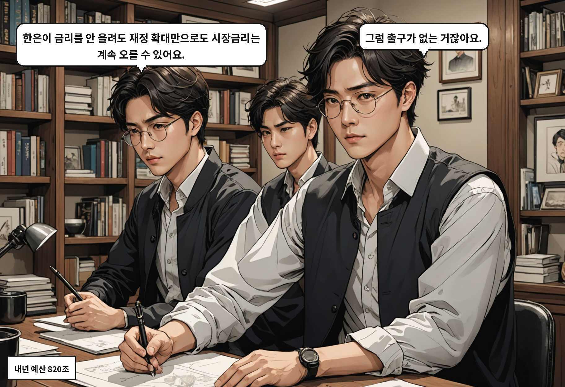 B: 한은이 금리를 안 올려도 재정 확대만으로도 시장금리는 계속 오를 수 있어요. A: 그럼 출구가 없는 거잖아요.