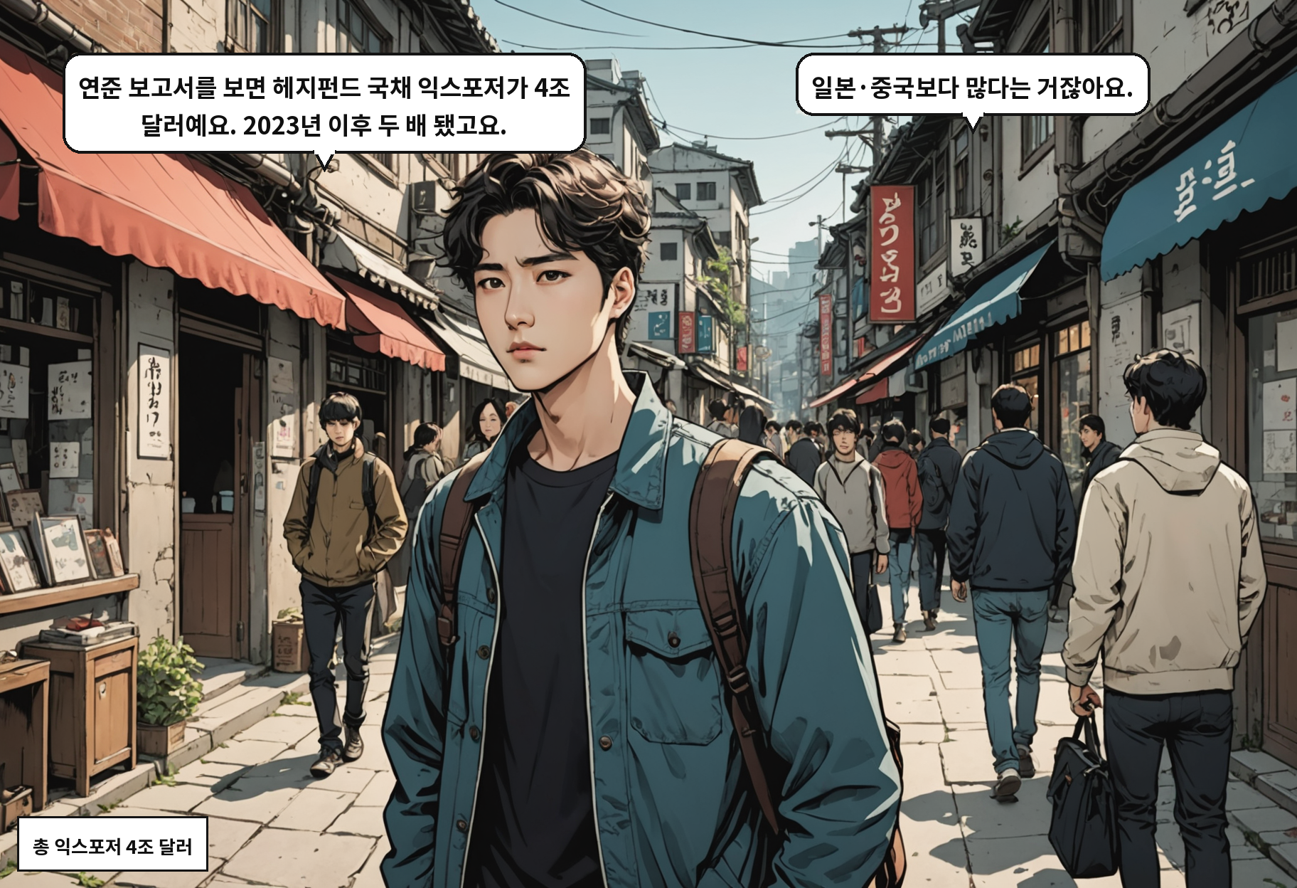 A: 연준 보고서를 보면 헤지펀드 국채 익스포저가 4조 달러예요. 2023년 이후 두 배 됐고요. B: 일본·중국보다 많다는 거잖아요.