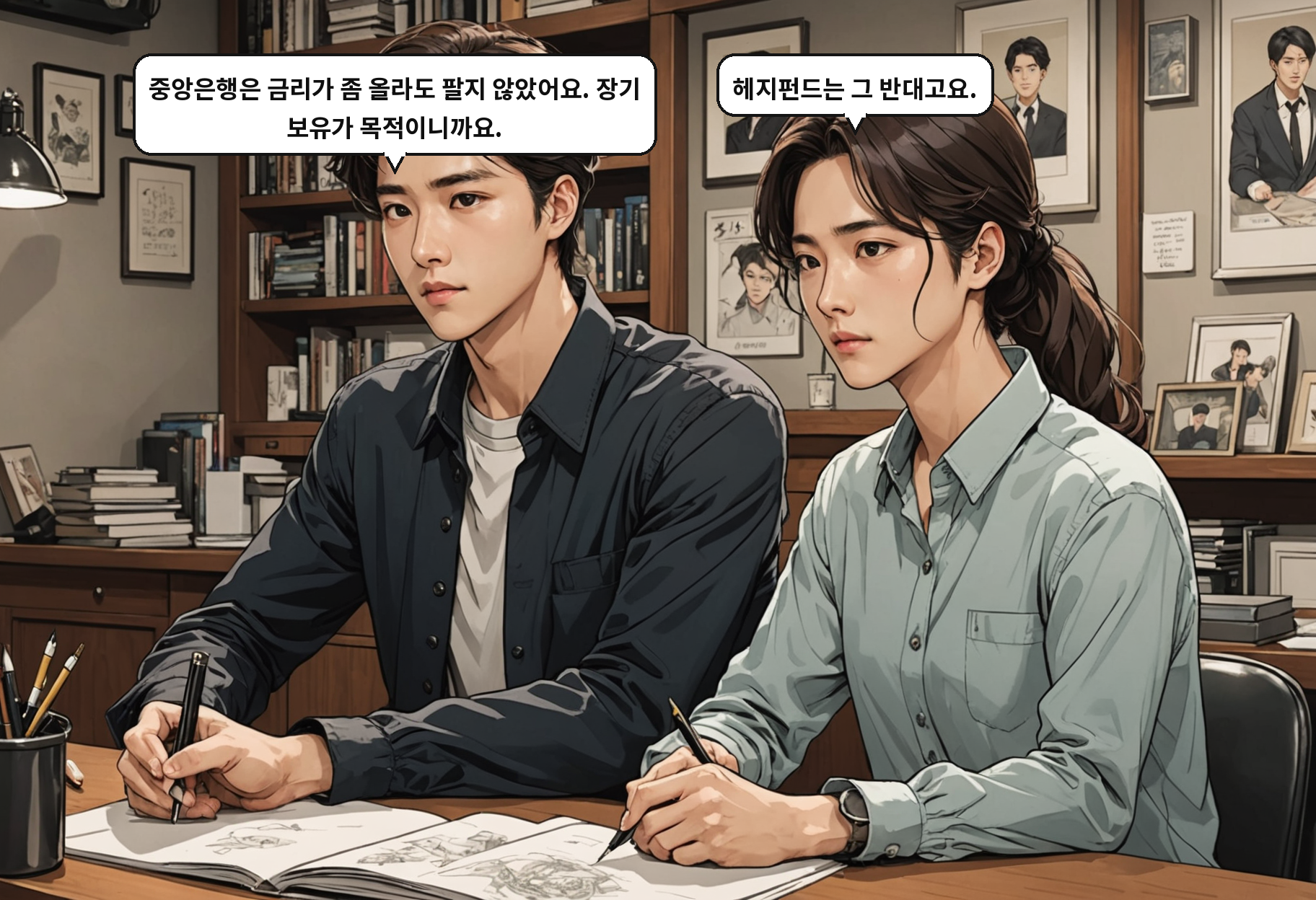 A: 중앙은행은 금리가 좀 올라도 팔지 않았어요. 장기 보유가 목적이니까요. B: 헤지펀드는 그 반대고요.