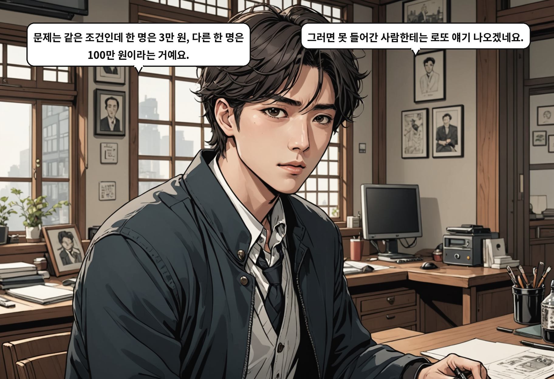 B: 문제는 같은 조건인데 한 명은 3만 원, 다른 한 명은 100만 원이라는 거예요. A: 그러면 못 들어간 사람한테는 로또 얘기 나오겠네요.