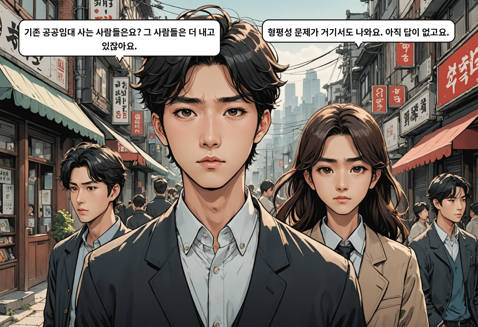 A: 기존 공공임대 사는 사람들은요? 그 사람들은 더 내고 있잖아요. B: 형평성 문제가 거기서도 나와요. 아직 답이 없고요.