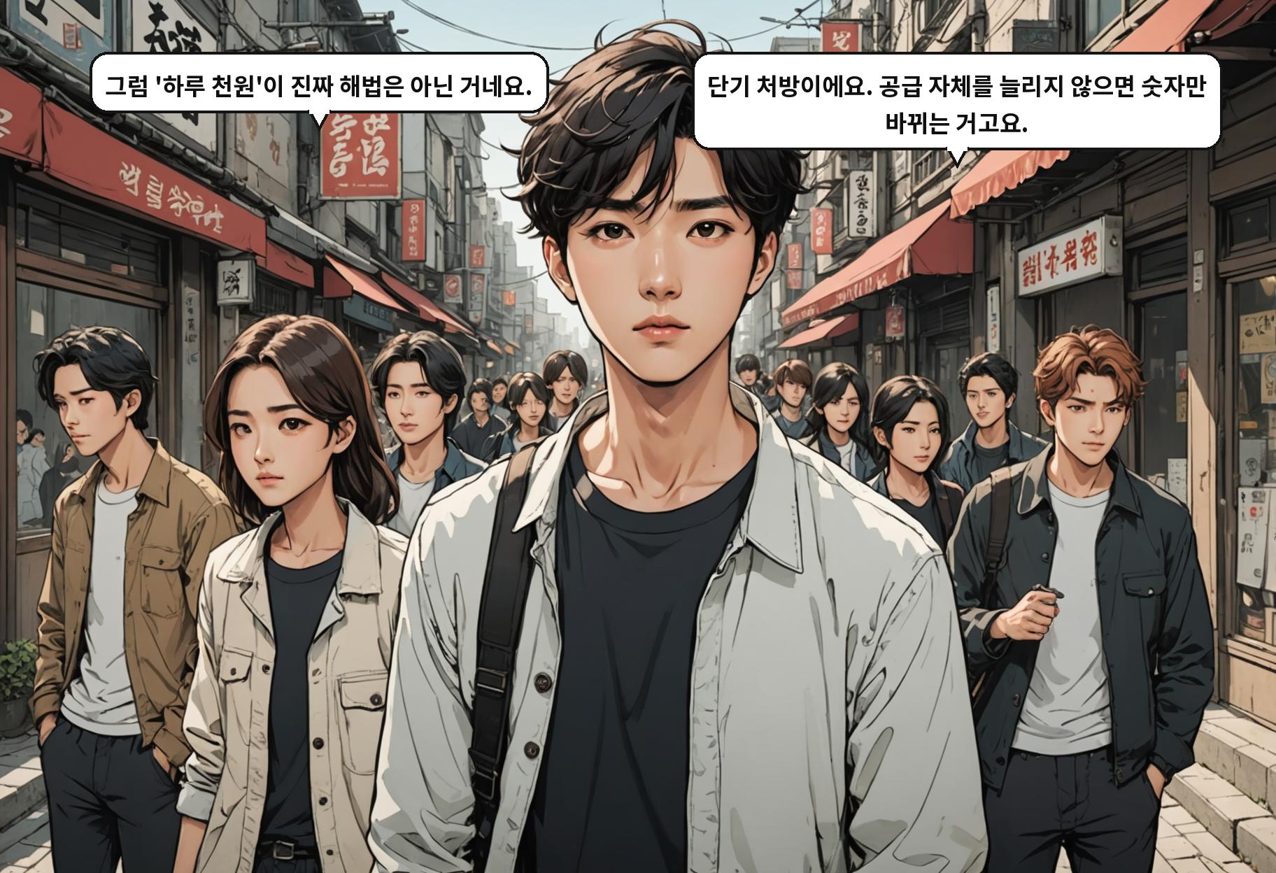 A: 그럼 '하루 천원'이 진짜 해법은 아닌 거네요. B: 단기 처방이에요. 공급 자체를 늘리지 않으면 숫자만 바뀌는 거고요.