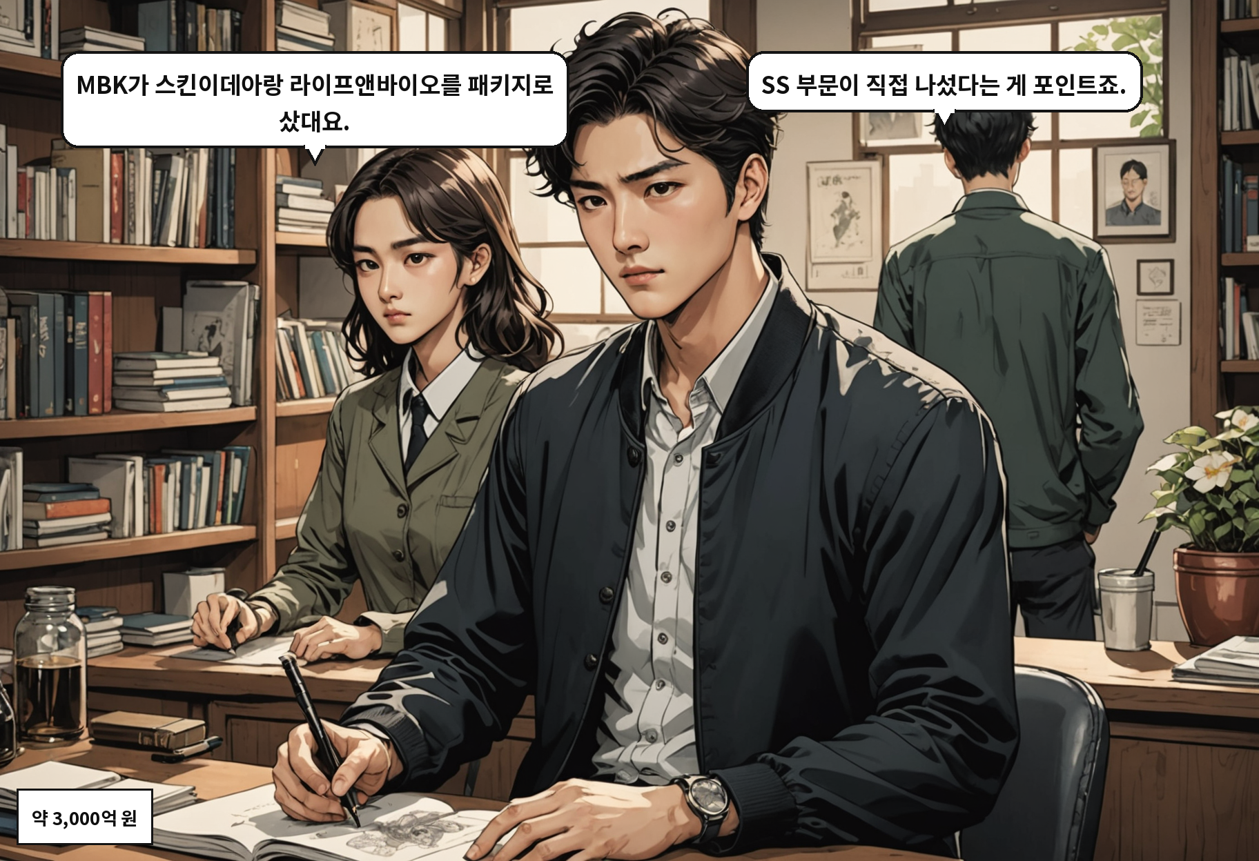 A: MBK가 스킨이데아랑 라이프앤바이오를 패키지로 샀대요. B: SS 부문이 직접 나섰다는 게 포인트죠.