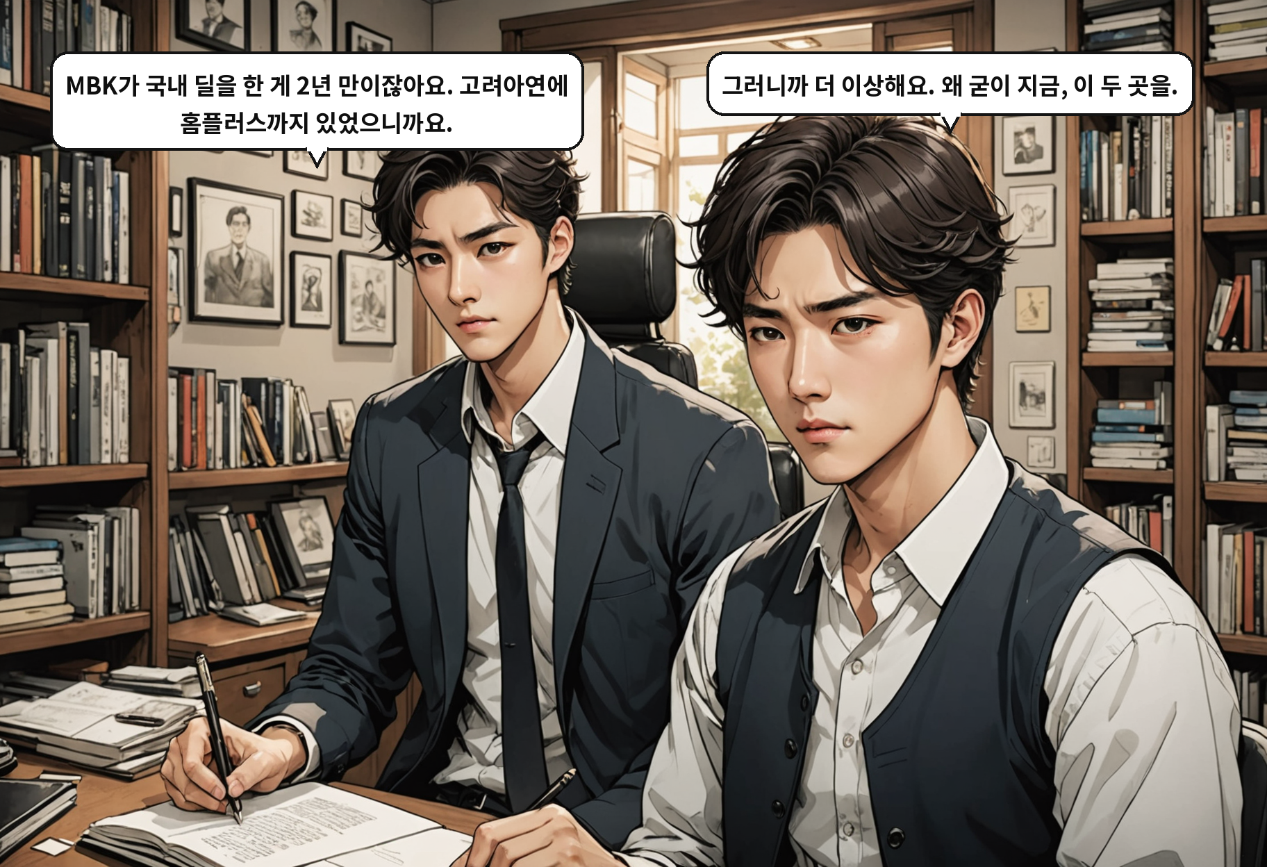 A: MBK가 국내 딜을 한 게 2년 만이잖아요. 고려아연에 홈플러스까지 있었으니까요. B: 그러니까 더 이상해요. 왜 굳이 지금, 이 두 곳을.