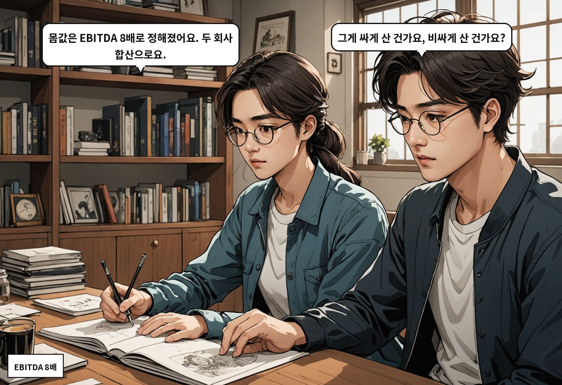 B: 몸값은 EBITDA 8배로 정해졌어요. 두 회사 합산으로요. A: 그게 싸게 산 건가요, 비싸게 산 건가요?