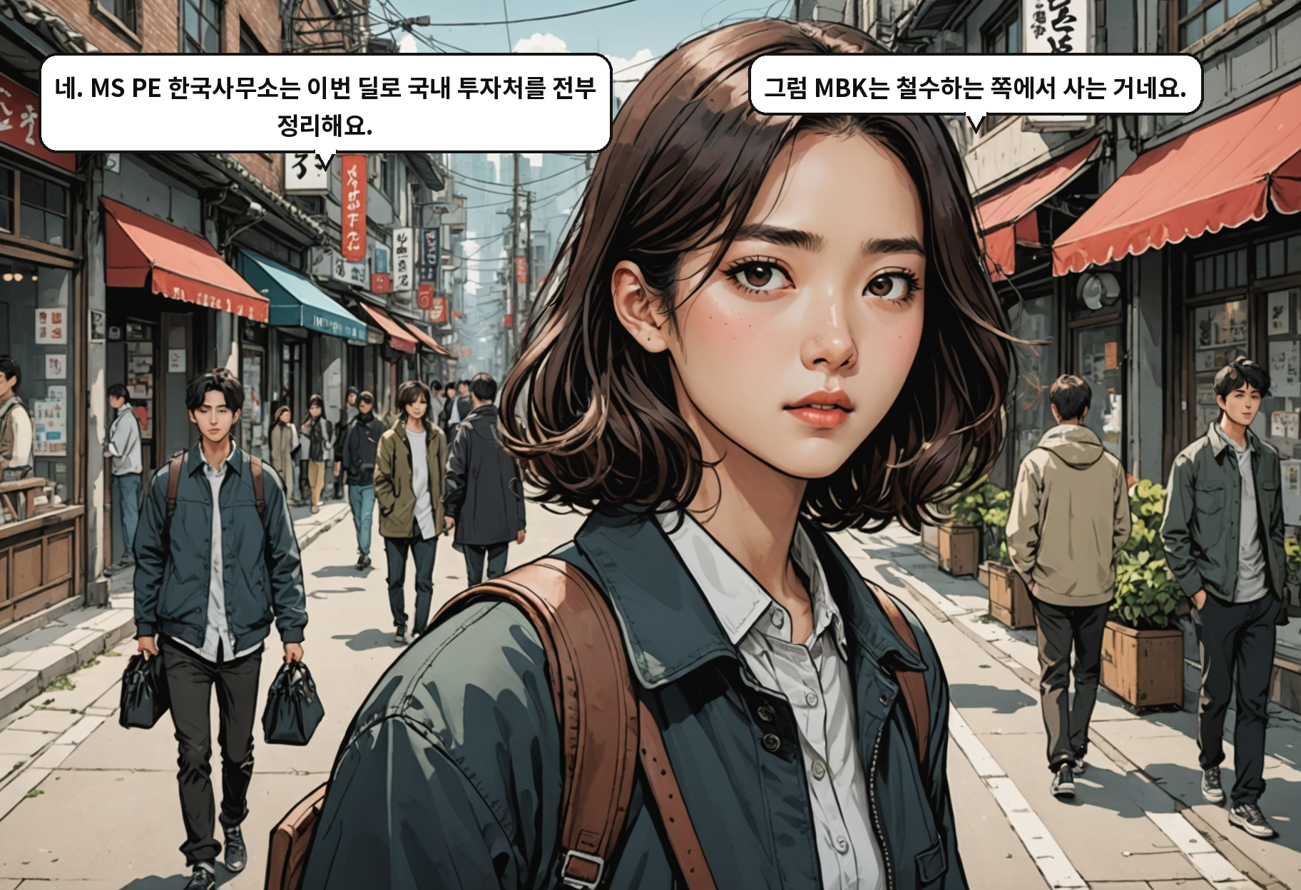 B: 네. MS PE 한국사무소는 이번 딜로 국내 투자처를 전부 정리해요. A: 그럼 MBK는 철수하는 쪽에서 사는 거네요.