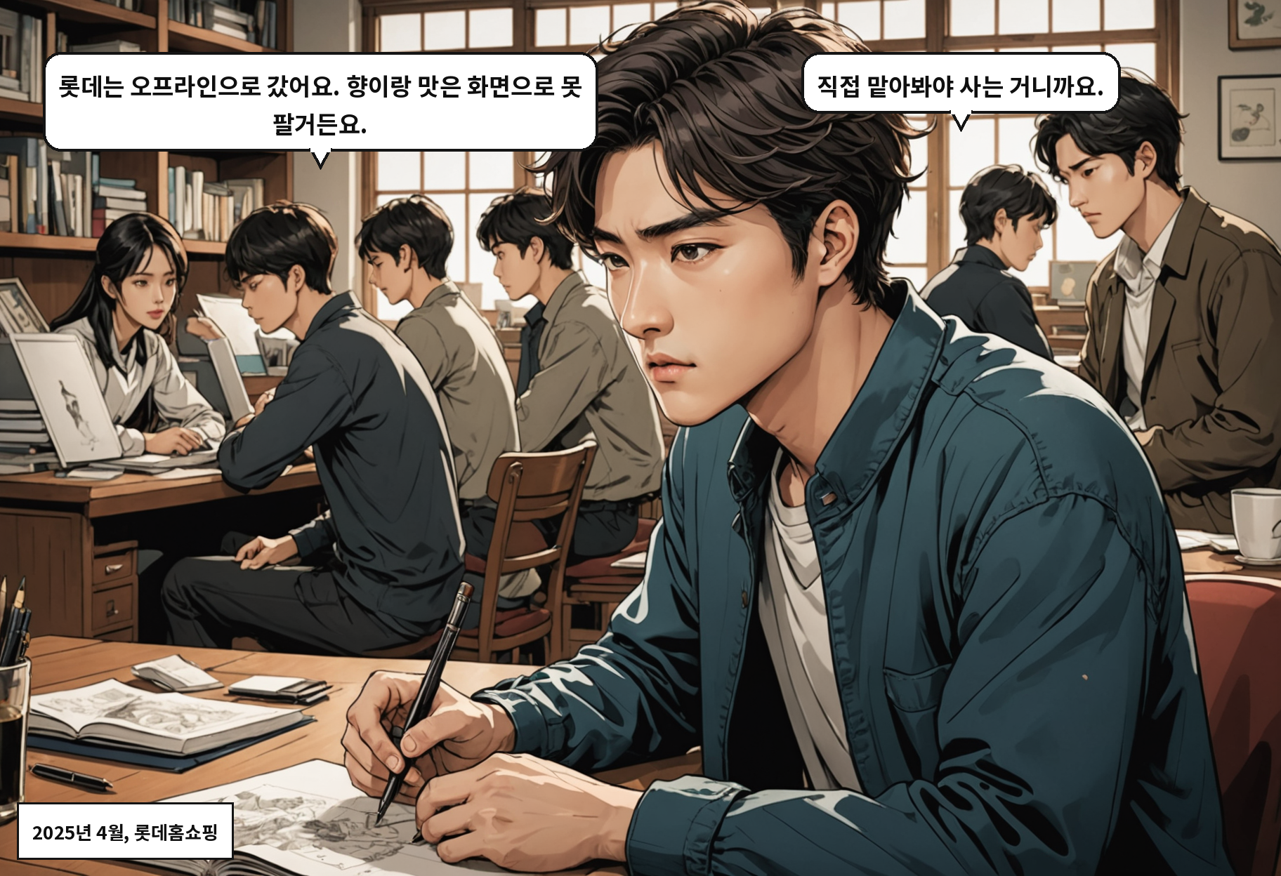 B: 롯데는 오프라인으로 갔어요. 향이랑 맛은 화면으로 못 팔거든요. A: 직접 맡아봐야 사는 거니까요.