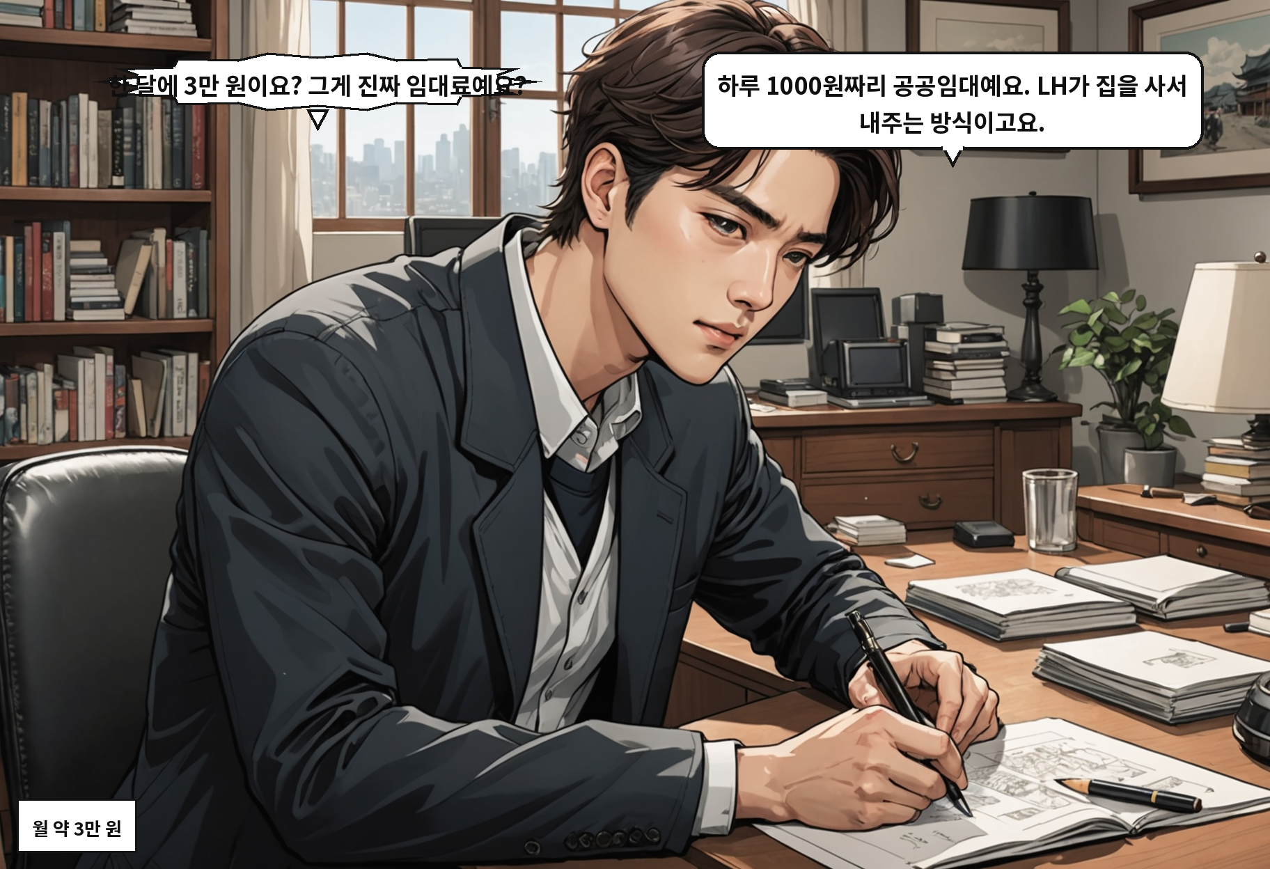 A: 한 달에 3만 원이요? 그게 진짜 임대료예요? B: 하루 1000원짜리 공공임대예요. LH가 집을 사서 내주는 방식이고요.