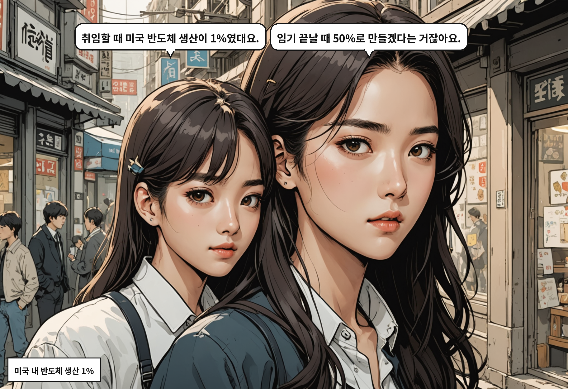 B: 취임할 때 미국 반도체 생산이 1%였대요. A: 임기 끝날 때 50%로 만들겠다는 거잖아요.