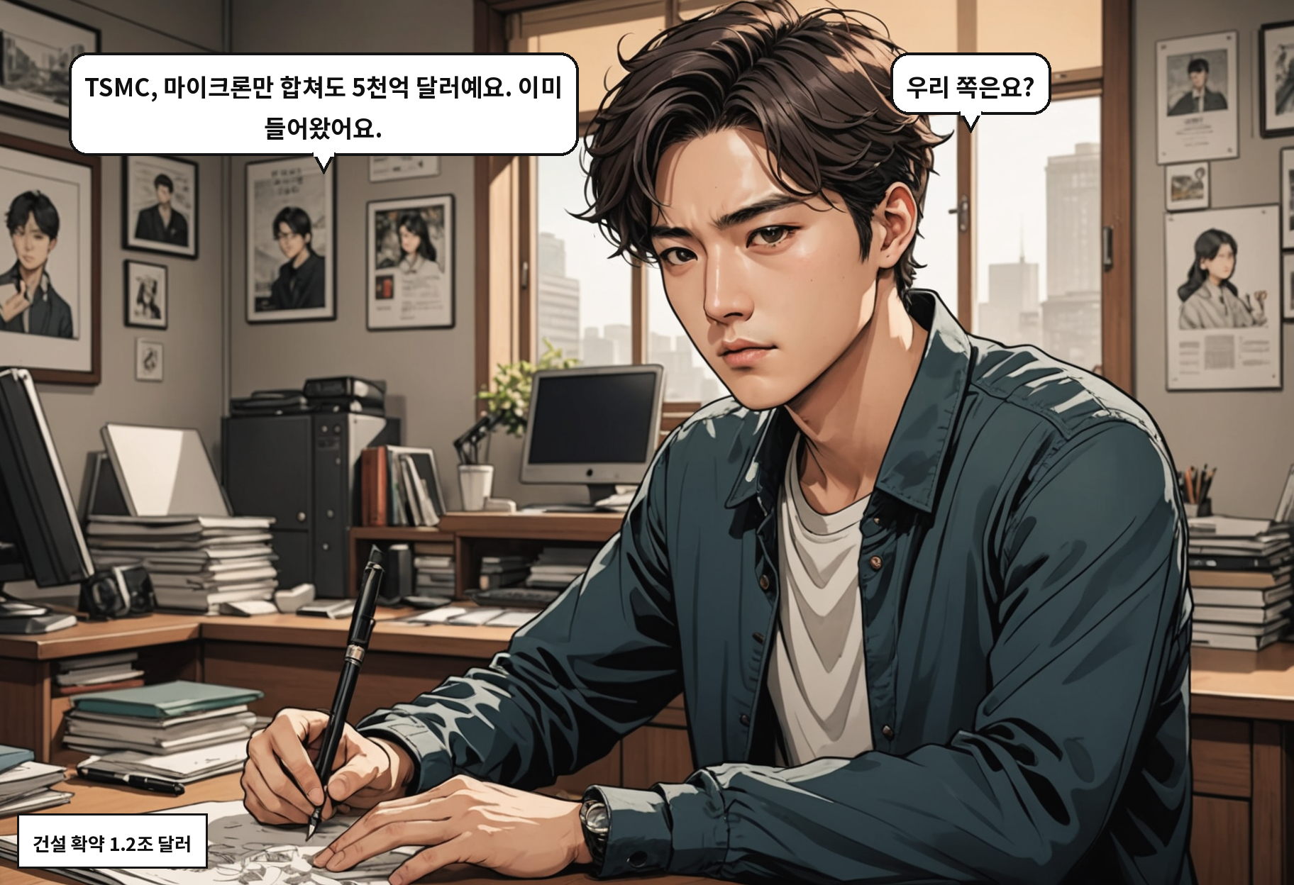 A: TSMC, 마이크론만 합쳐도 5천억 달러예요. 이미 들어왔어요. B: 우리 쪽은요?