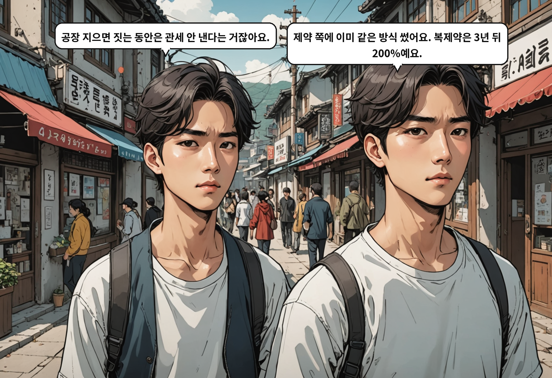 B: 공장 지으면 짓는 동안은 관세 안 낸다는 거잖아요. A: 제약 쪽에 이미 같은 방식 썼어요. 복제약은 3년 뒤 200%예요.