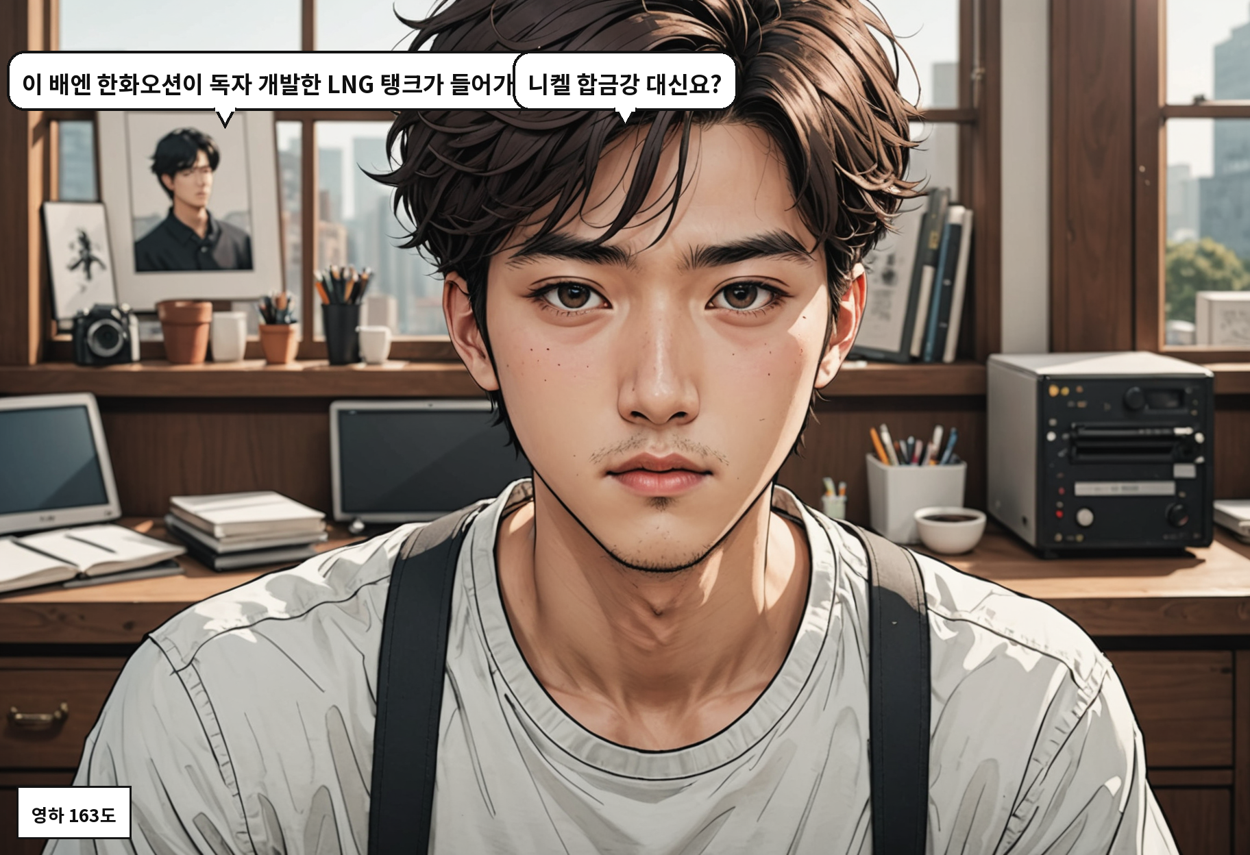 A: 이 배엔 한화오션이 독자 개발한 LNG 탱크가 들어가요. B: 니켈 합금강 대신요?