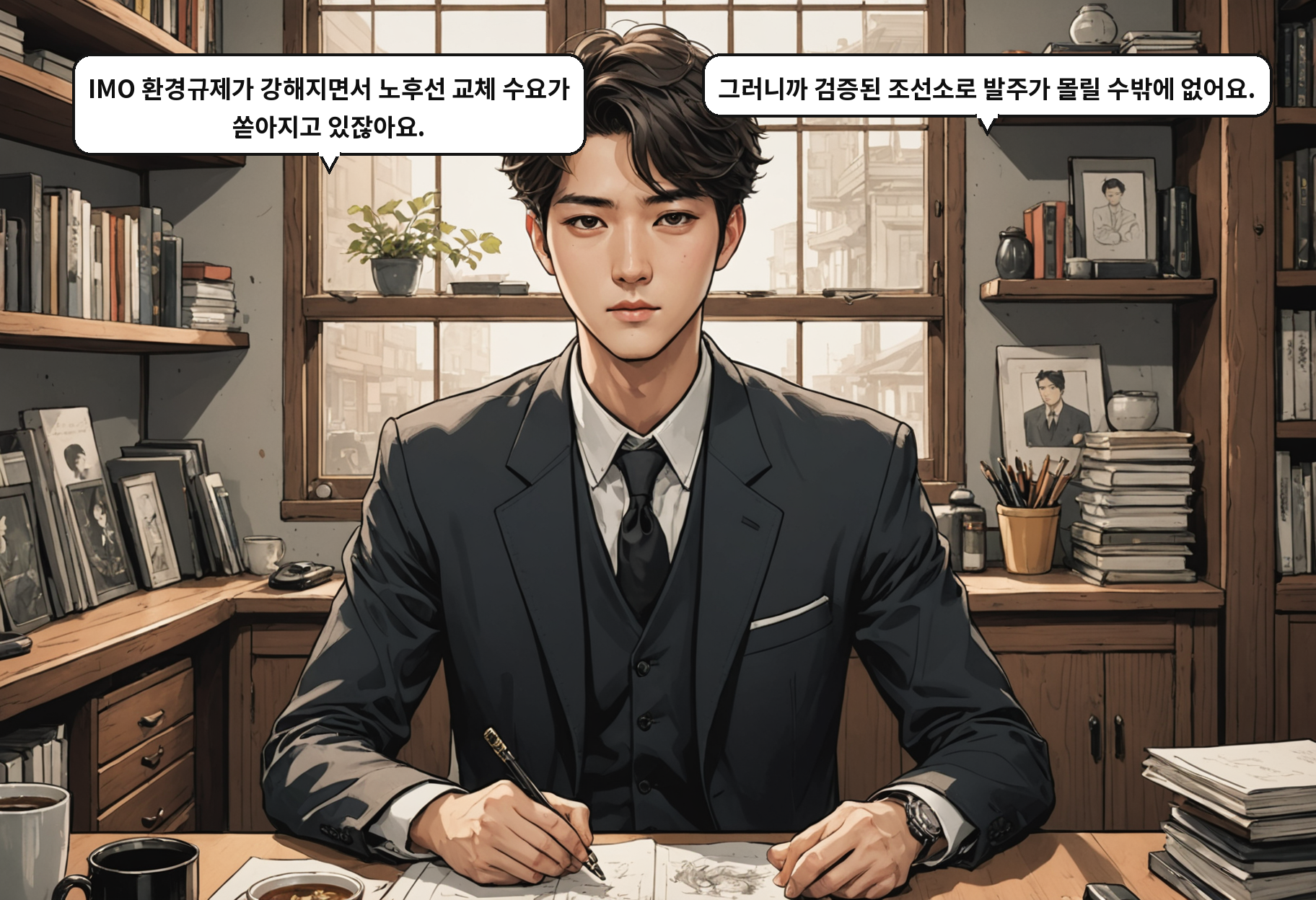 B: IMO 환경규제가 강해지면서 노후선 교체 수요가 쏟아지고 있잖아요. A: 그러니까 검증된 조선소로 발주가 몰릴 수밖에 없어요.
