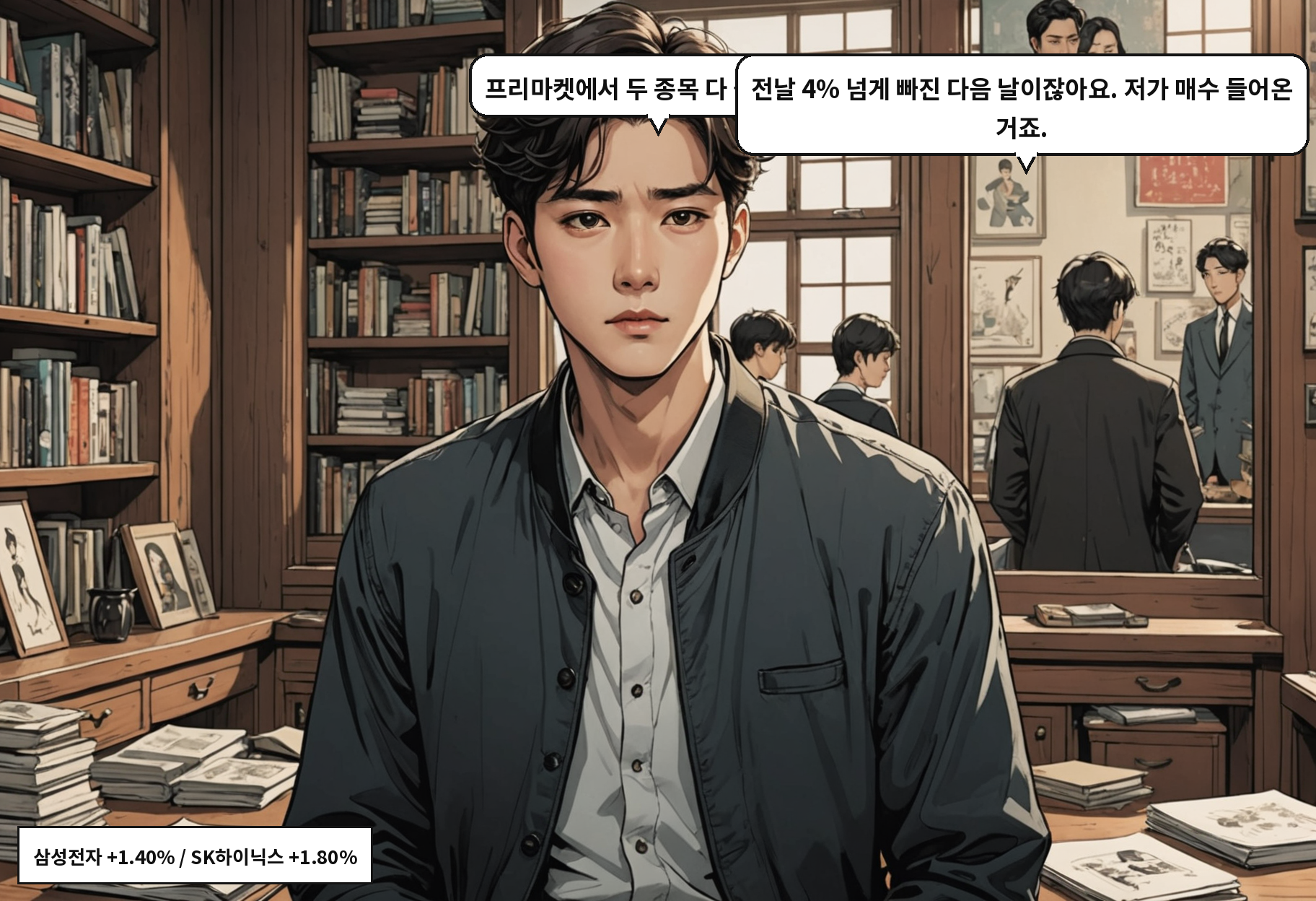 A: 프리마켓에서 두 종목 다 올랐어요. B: 전날 4% 넘게 빠진 다음 날이잖아요. 저가 매수 들어온 거죠.