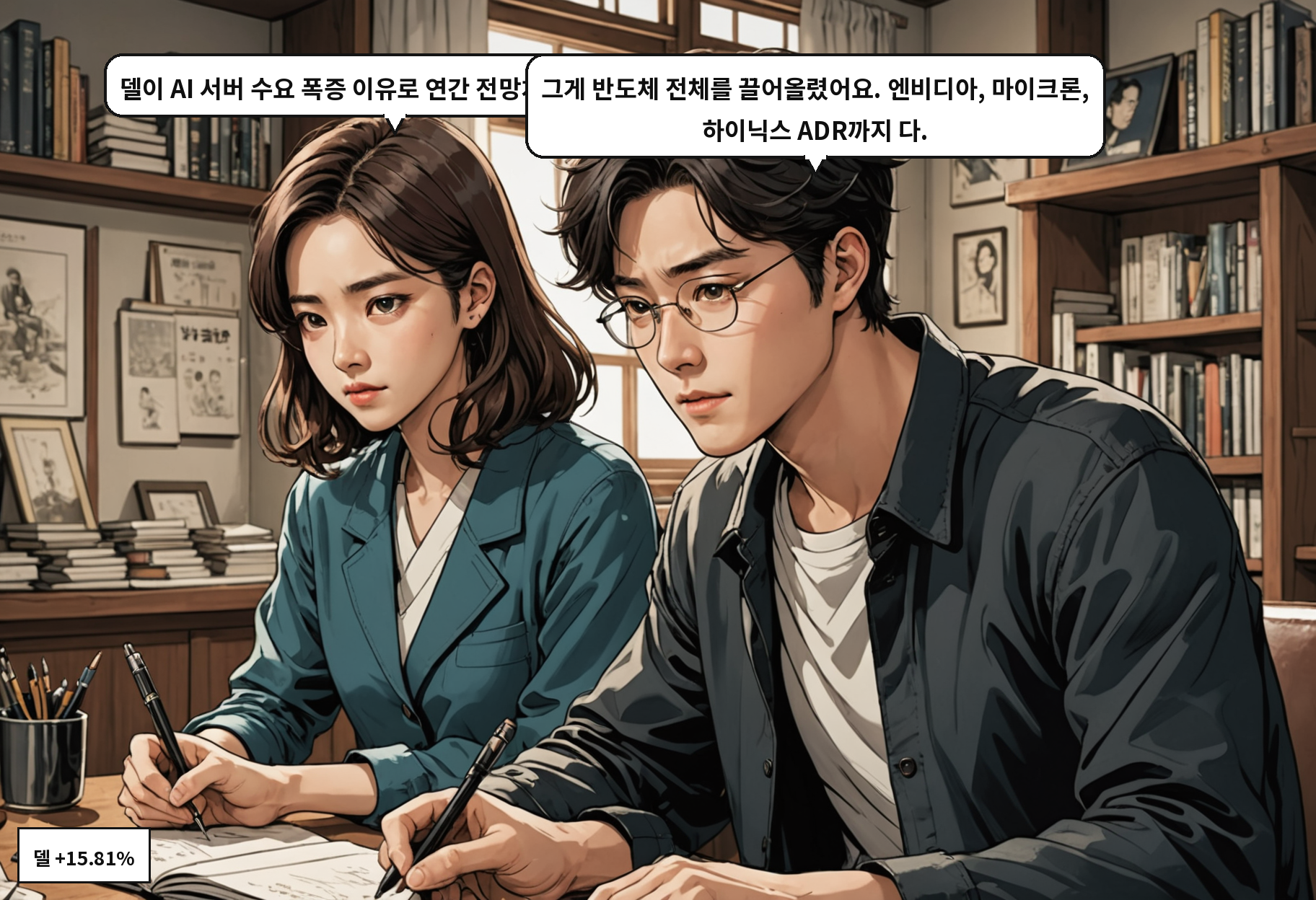 A: 델이 AI 서버 수요 폭증 이유로 연간 전망치 올렸거든요. B: 그게 반도체 전체를 끌어올렸어요. 엔비디아, 마이크론, 하이닉스 ADR까지 다.