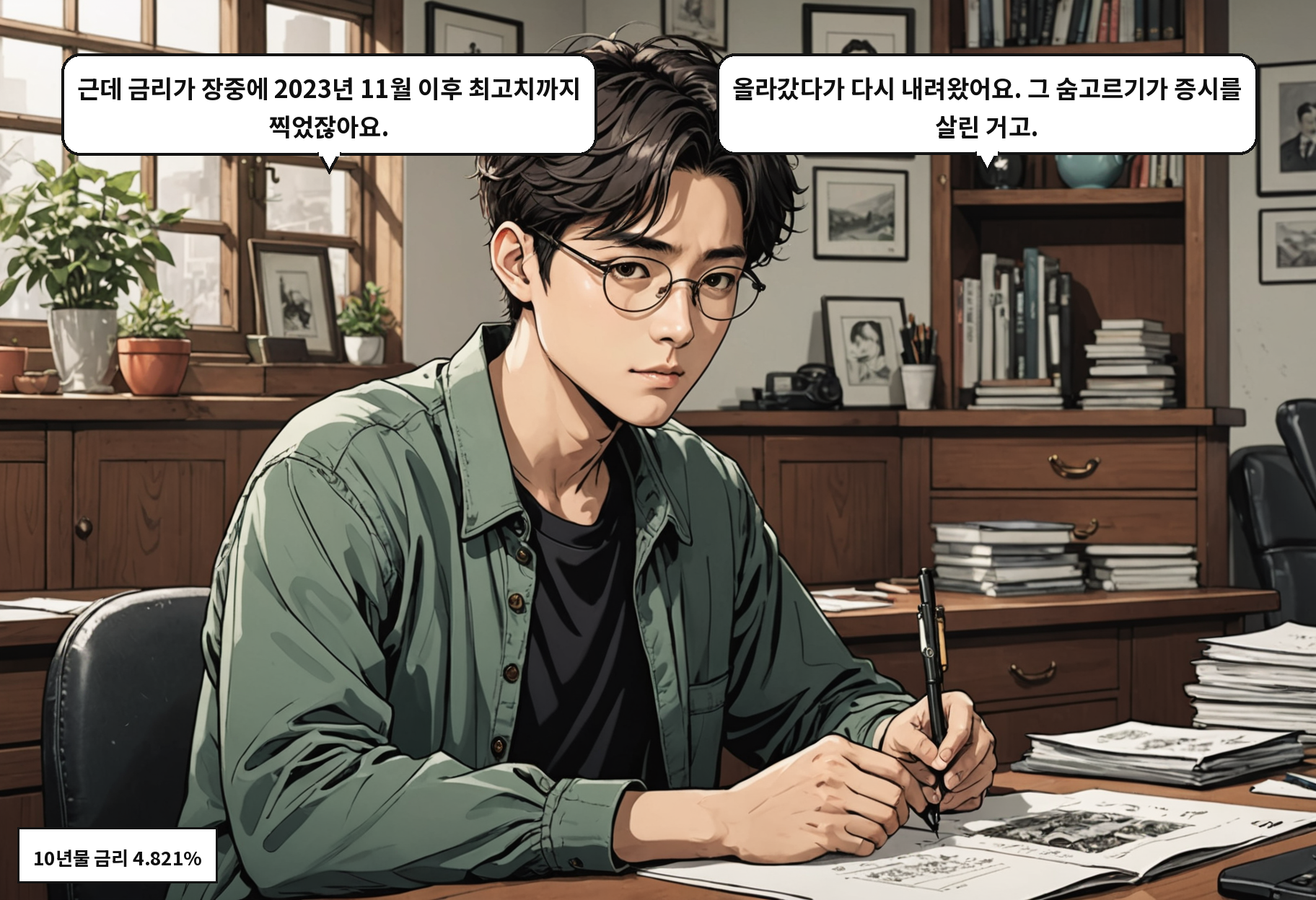 A: 근데 금리가 장중에 2023년 11월 이후 최고치까지 찍었잖아요. B: 올라갔다가 다시 내려왔어요. 그 숨고르기가 증시를 살린 거고.