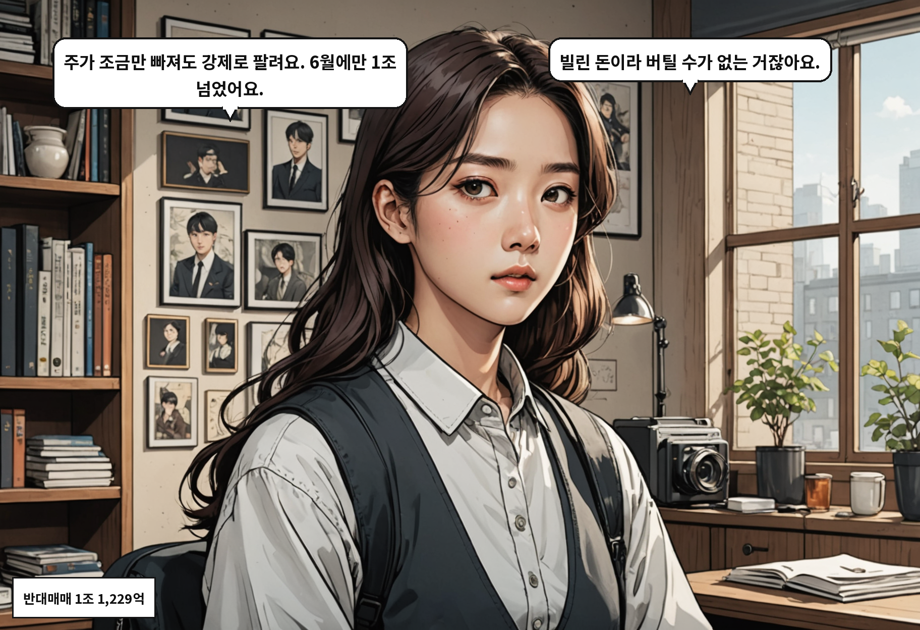B: 주가 조금만 빠져도 강제로 팔려요. 6월에만 1조 넘었어요. A: 빌린 돈이라 버틸 수가 없는 거잖아요.