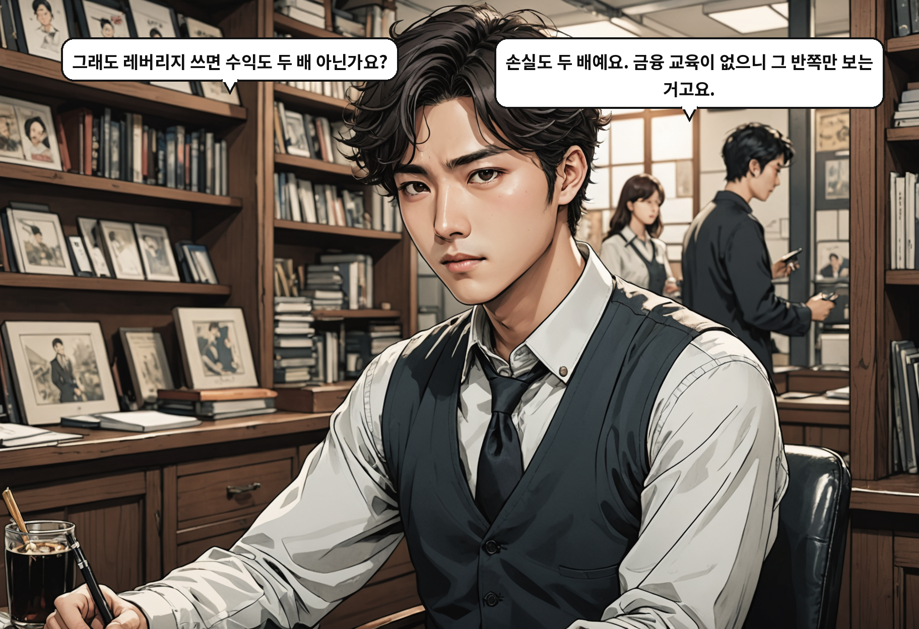 A: 그래도 레버리지 쓰면 수익도 두 배 아닌가요? B: 손실도 두 배예요. 금융 교육이 없으니 그 반쪽만 보는 거고요.