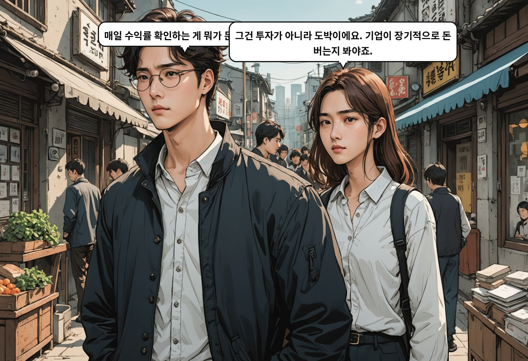 A: 매일 수익률 확인하는 게 뭐가 문제예요? B: 그건 투자가 아니라 도박이에요. 기업이 장기적으로 돈 버는지 봐야죠.