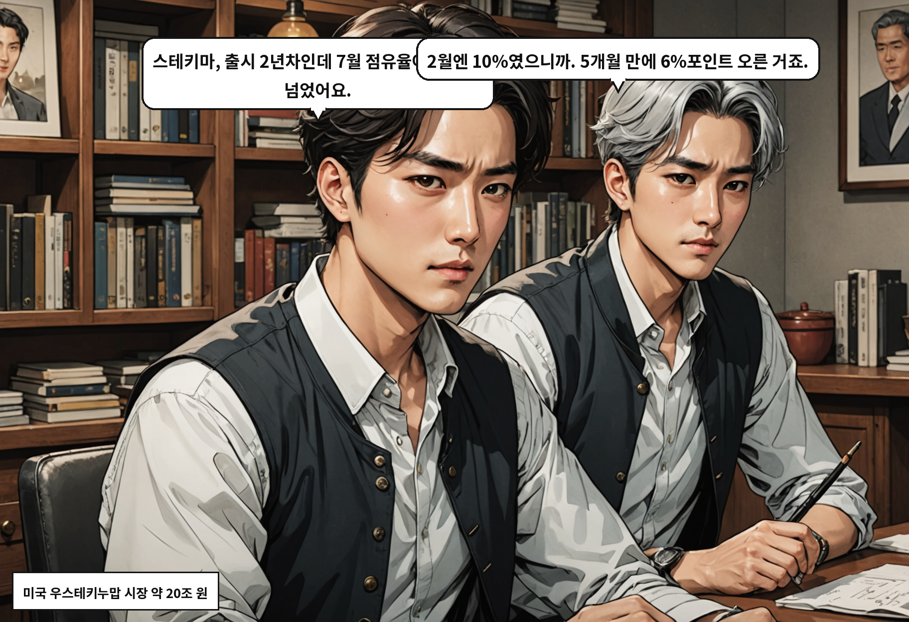 A: 스테키마, 출시 2년차인데 7월 점유율이 16%를 넘었어요. B: 2월엔 10%였으니까. 5개월 만에 6%포인트 오른 거죠.