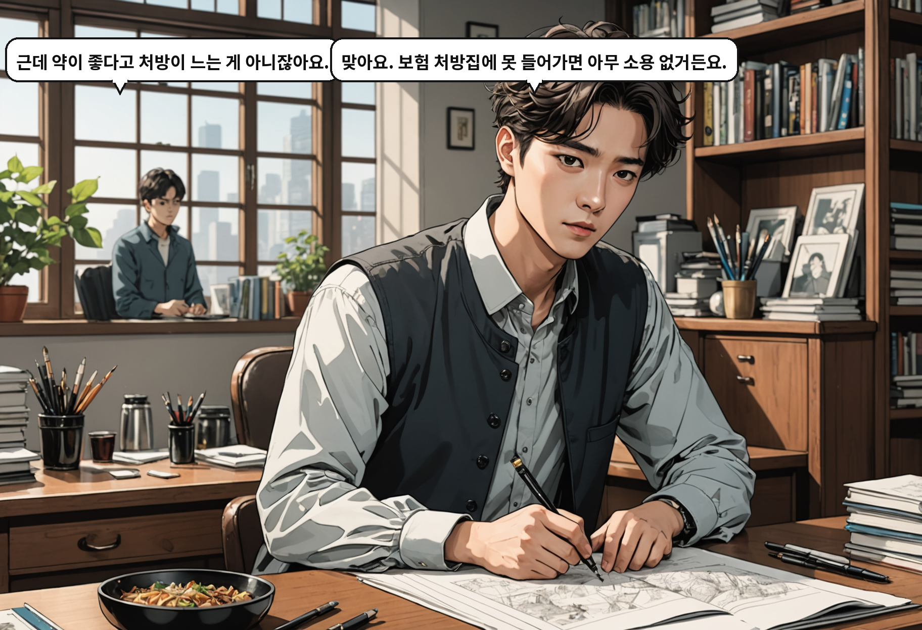 B: 근데 약이 좋다고 처방이 느는 게 아니잖아요. A: 맞아요. 보험 처방집에 못 들어가면 아무 소용 없거든요.