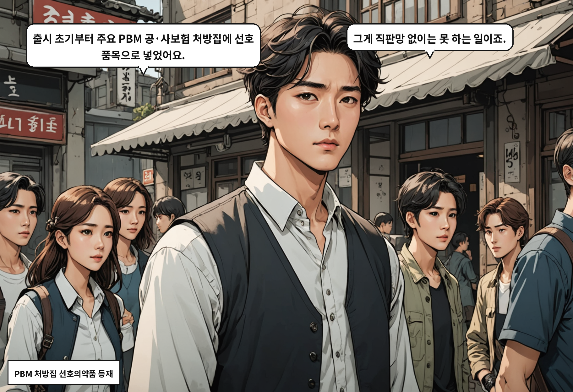 A: 출시 초기부터 주요 PBM 공·사보험 처방집에 선호 품목으로 넣었어요. B: 그게 직판망 없이는 못 하는 일이죠.