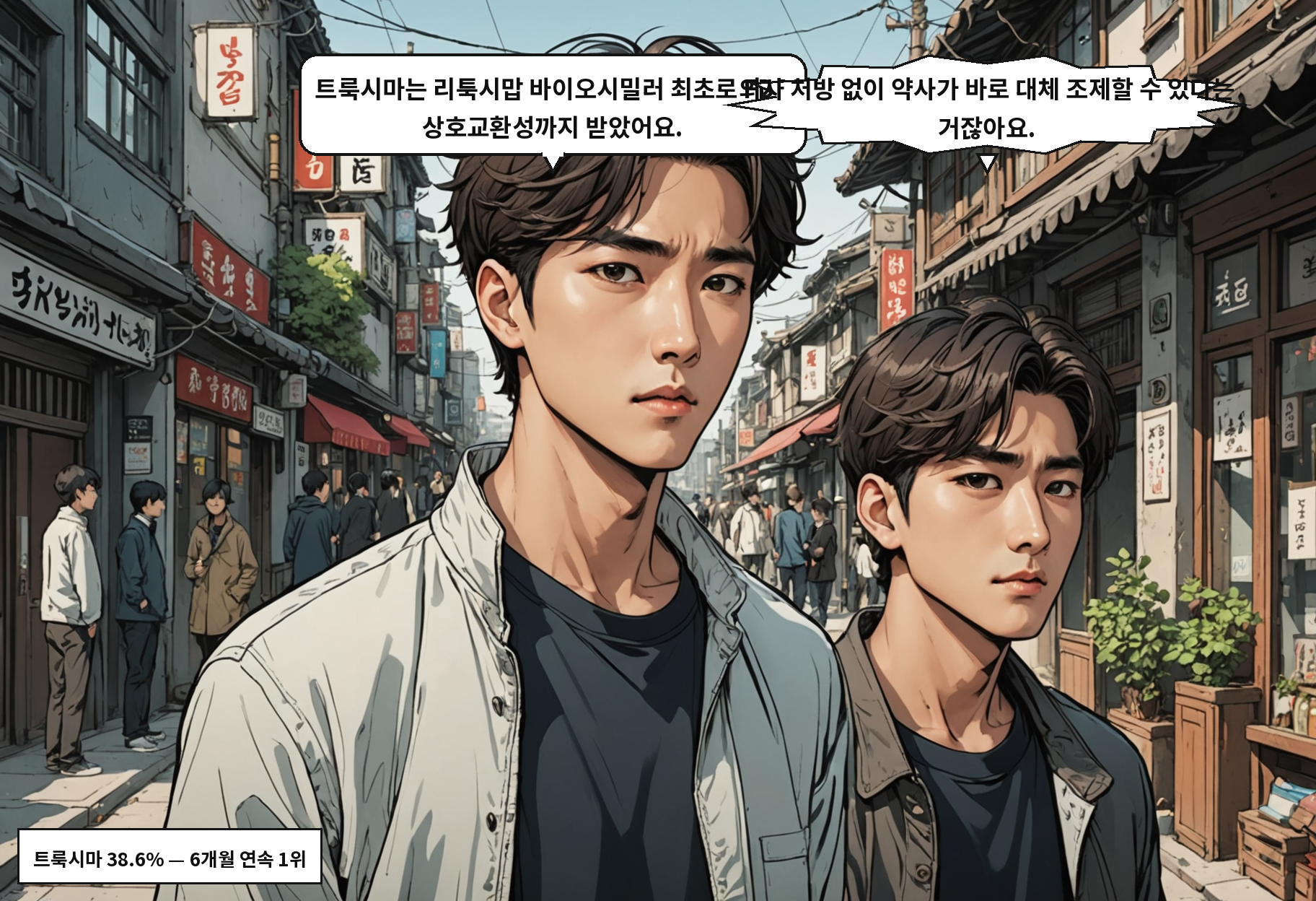 A: 트룩시마는 리툭시맙 바이오시밀러 최초로 FDA 상호교환성까지 받았어요. B: 의사 처방 없이 약사가 바로 대체 조제할 수 있다는 거잖아요.