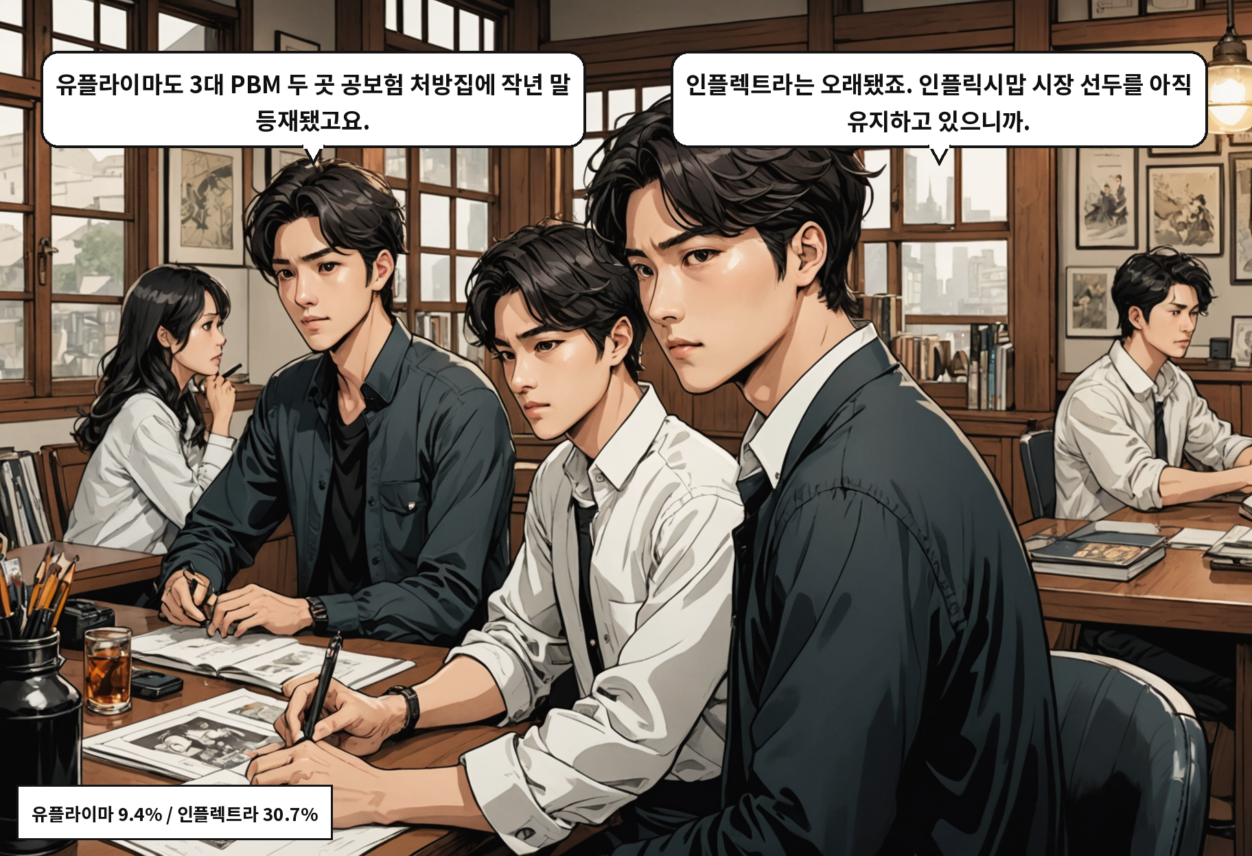 A: 유플라이마도 3대 PBM 두 곳 공보험 처방집에 작년 말 등재됐고요. B: 인플렉트라는 오래됐죠. 인플릭시맙 시장 선두를 아직 유지하고 있으니까.