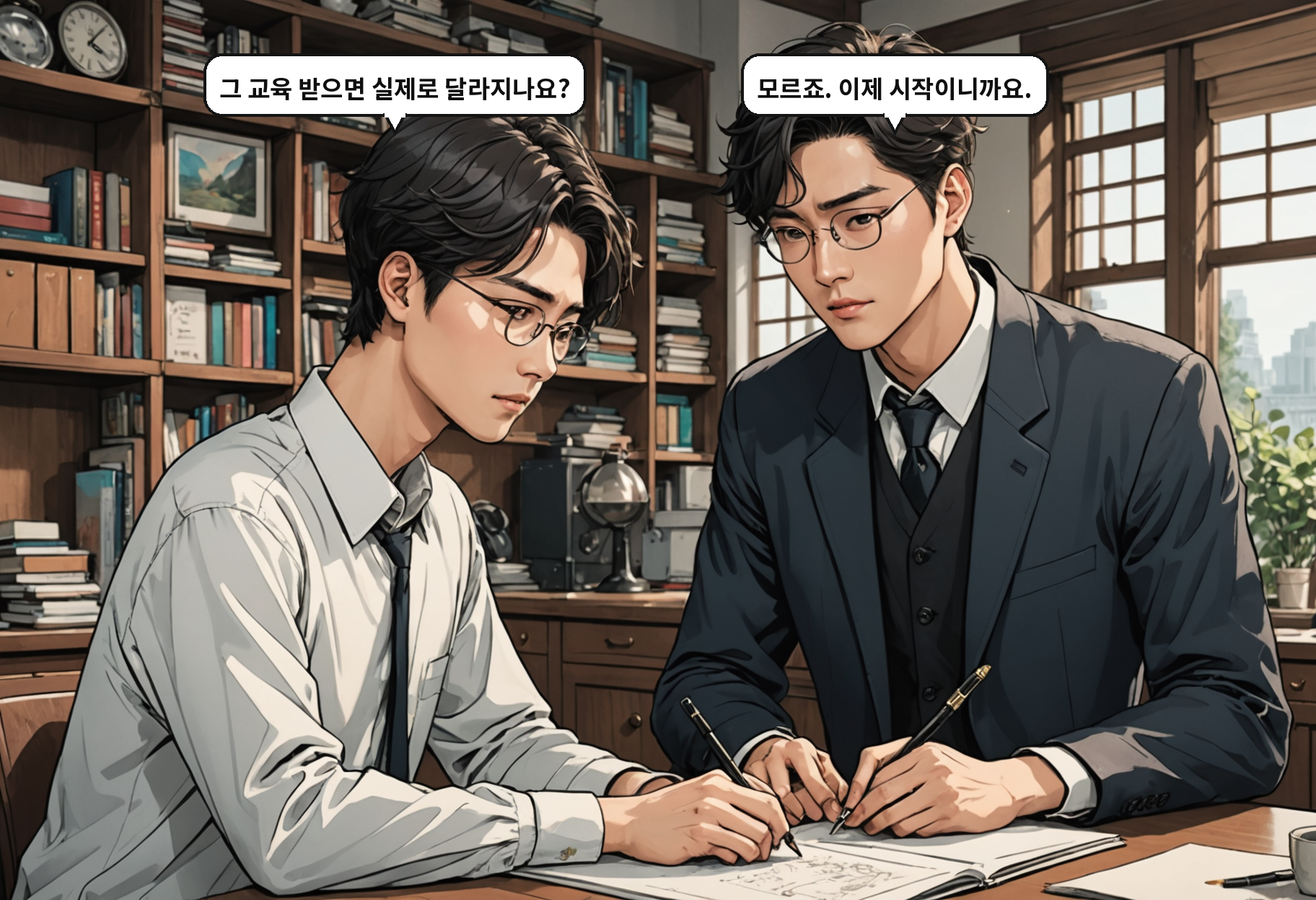 A: 그 교육 받으면 실제로 달라지나요? B: 모르죠. 이제 시작이니까요.