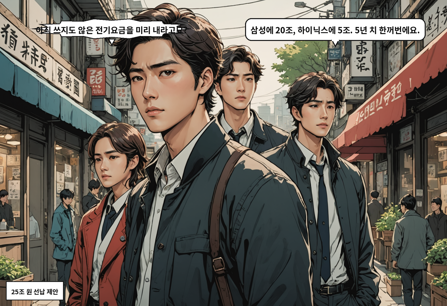 B: 아직 쓰지도 않은 전기요금을 미리 내라고요? A: 삼성에 20조, 하이닉스에 5조. 5년 치 한꺼번에요.